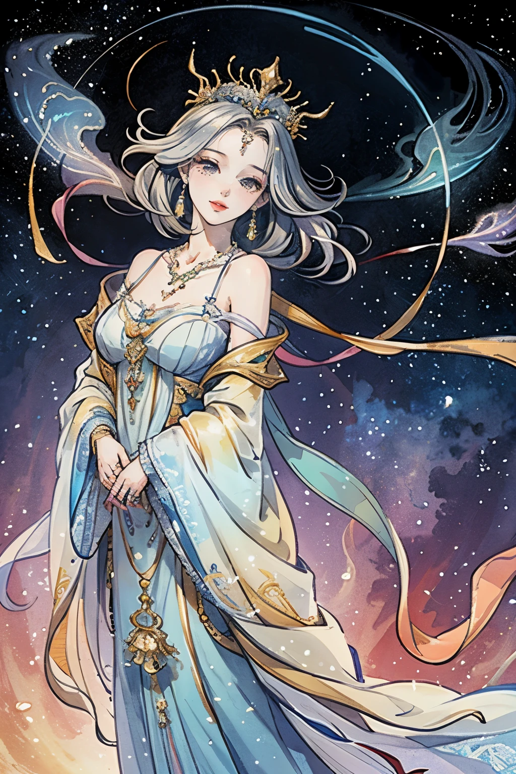 （masterpiece，Best Quality，High resolution, Unity8k wallpaper, Official Art), (One young beautiful girl), colorful, Detailed illustration art, Super detailed，Large Breasts, (Intertwined, Datura stramonium, Tangle), The Goddess, White lace dress, Silver Tiara, necklace, earrings, Gold Bracelet, Off the shoulder, Look at me and smile, Divine Light，Like a painting, flash drawing，Vibrant colors, Perfect Majic, Fantasy World, background, star雲, star, milky way, Detailed digital art, 