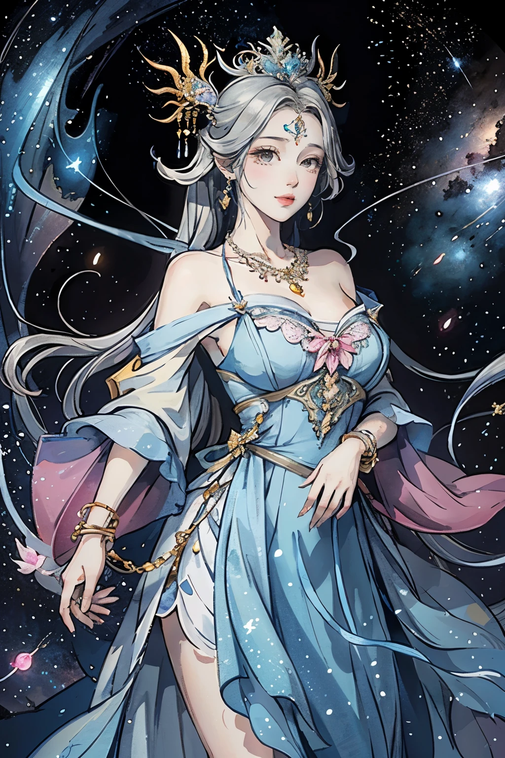 （masterpiece，Best Quality，High resolution, Unity8k wallpaper, Official Art), (One young beautiful girl), colorful, Detailed illustration art, Super detailed，Large Breasts, (Intertwined, Datura stramonium, Tangle), The Goddess, White lace dress, Silver Tiara, necklace, earrings, Gold Bracelet, Off the shoulder, Look at me and smile, Divine Light，Like a painting, flash drawing，Vibrant colors, Perfect Majic, Fantasy World, background, star雲, star, milky way, Detailed digital art, 