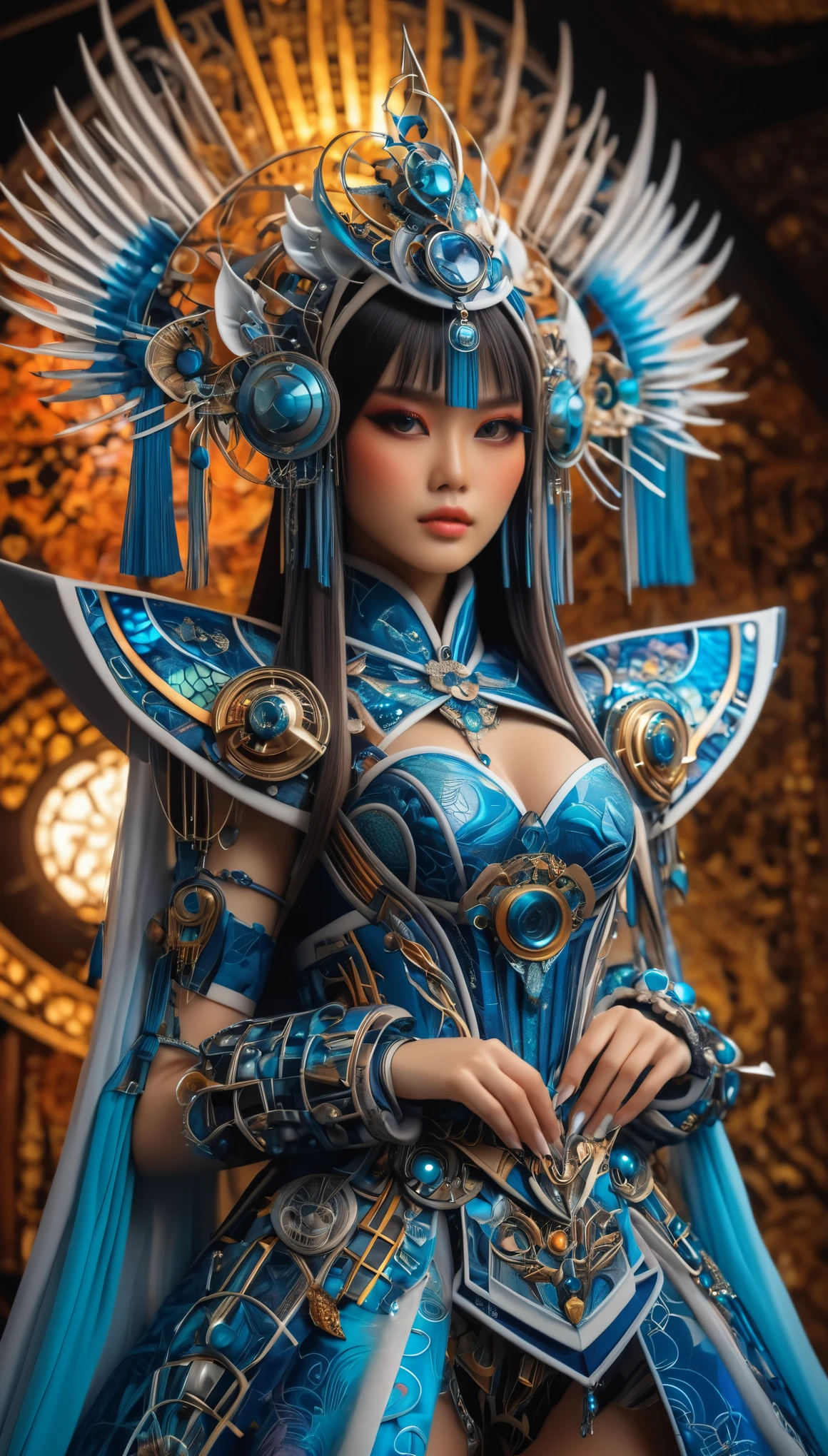 Stunning hyper-realistic Japanese girl, by Ash Thorp and Marta Nael, anime, manga, character, upper body only, wearing elaborate fantasy clothes inspired by Indonesian culture, futuristic and modern twist, vibrant colors, soft focus, warm lighting, Sony A7R IV, ƒ 1.8, 50 mm, 8k, high-quality print, delicate features, intricate details, dynamic pose, fusion of traditional and futuristic elements, ornate accessories, exotic patterns, Batik-inspired design, traditional Indonesian headdress, intricate jewelry. Full height 