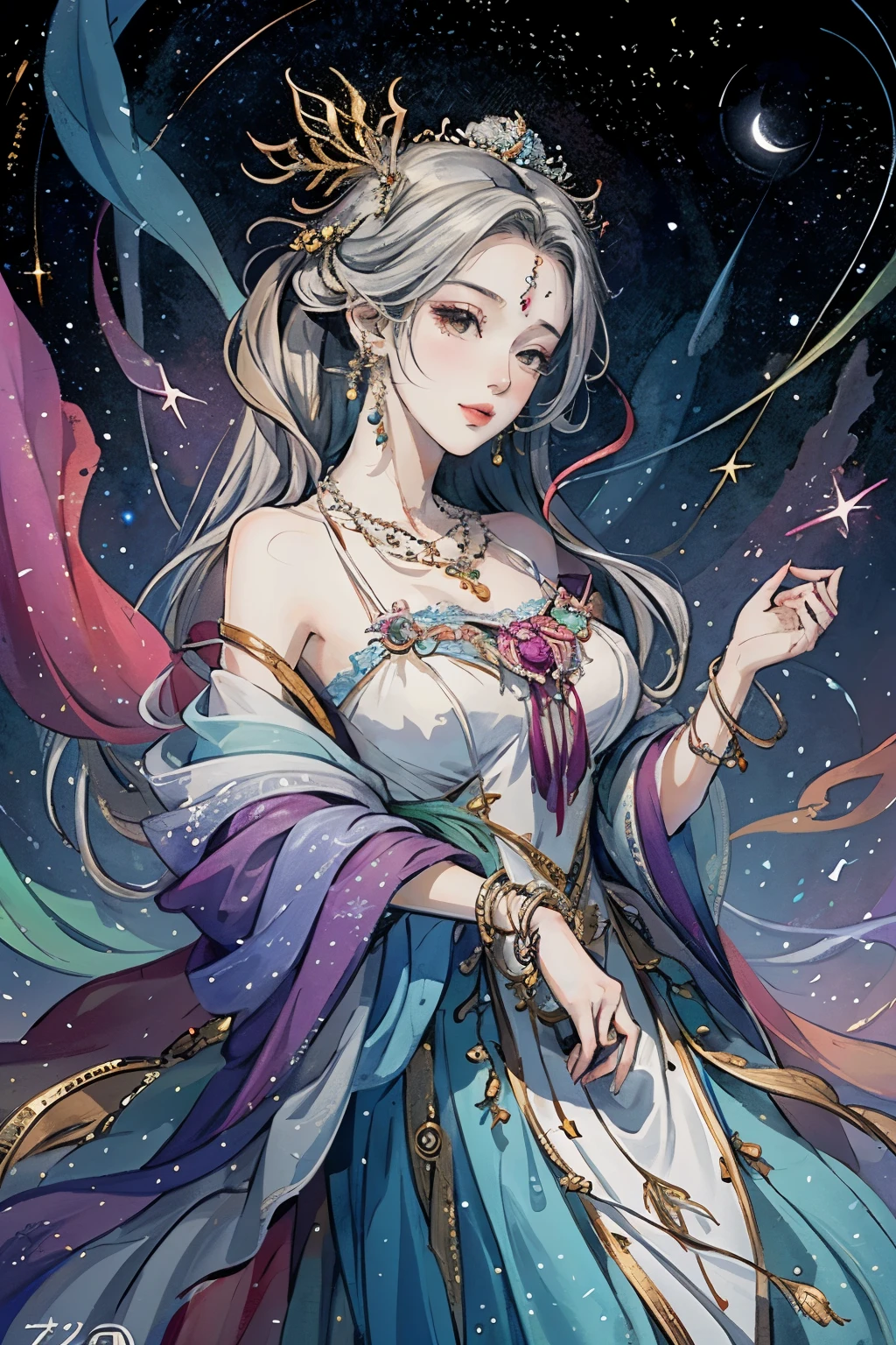 （masterpiece，Best Quality，High resolution, Unity8k wallpaper, Official Art), (One young beautiful girl), colorful, Detailed illustration art, Super detailed，Large Breasts, (Intertwined, Datura stramonium, Tangle), The Goddess, White lace dress, Silver Tiara, necklace, earrings, Gold Bracelet, Off the shoulder, Look at me and smile, Divine Light，Like a painting, flash drawing，Vibrant colors, Perfect Majic, Fantasy World, background, star雲, star, milky way, Detailed digital art, 