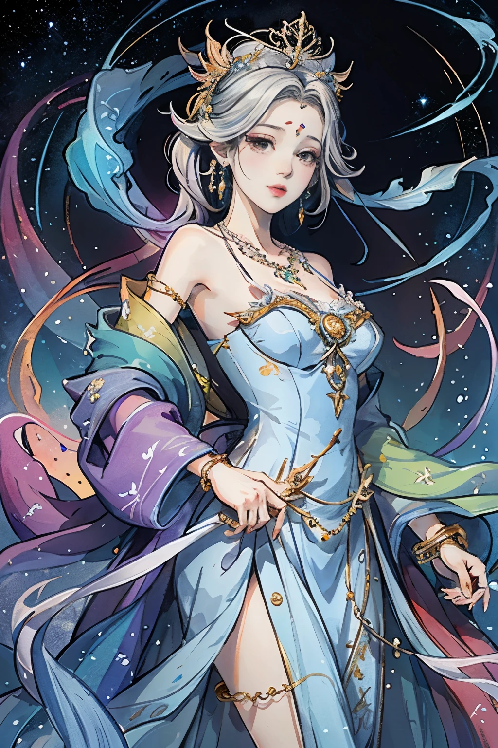 （masterpiece，Best Quality，High resolution, Unity8k wallpaper, Official Art), (One young beautiful girl), colorful, Detailed illustration art, Super detailed，Large Breasts, (Intertwined, Datura stramonium, Tangle), The Goddess, White lace dress, Silver Tiara, necklace, earrings, Gold Bracelet, Off the shoulder, Divine Light，Like a painting, flash drawing，Vibrant colors, Perfect Majic, Fantasy World, background, star雲, star, milky way, Detailed digital art, 