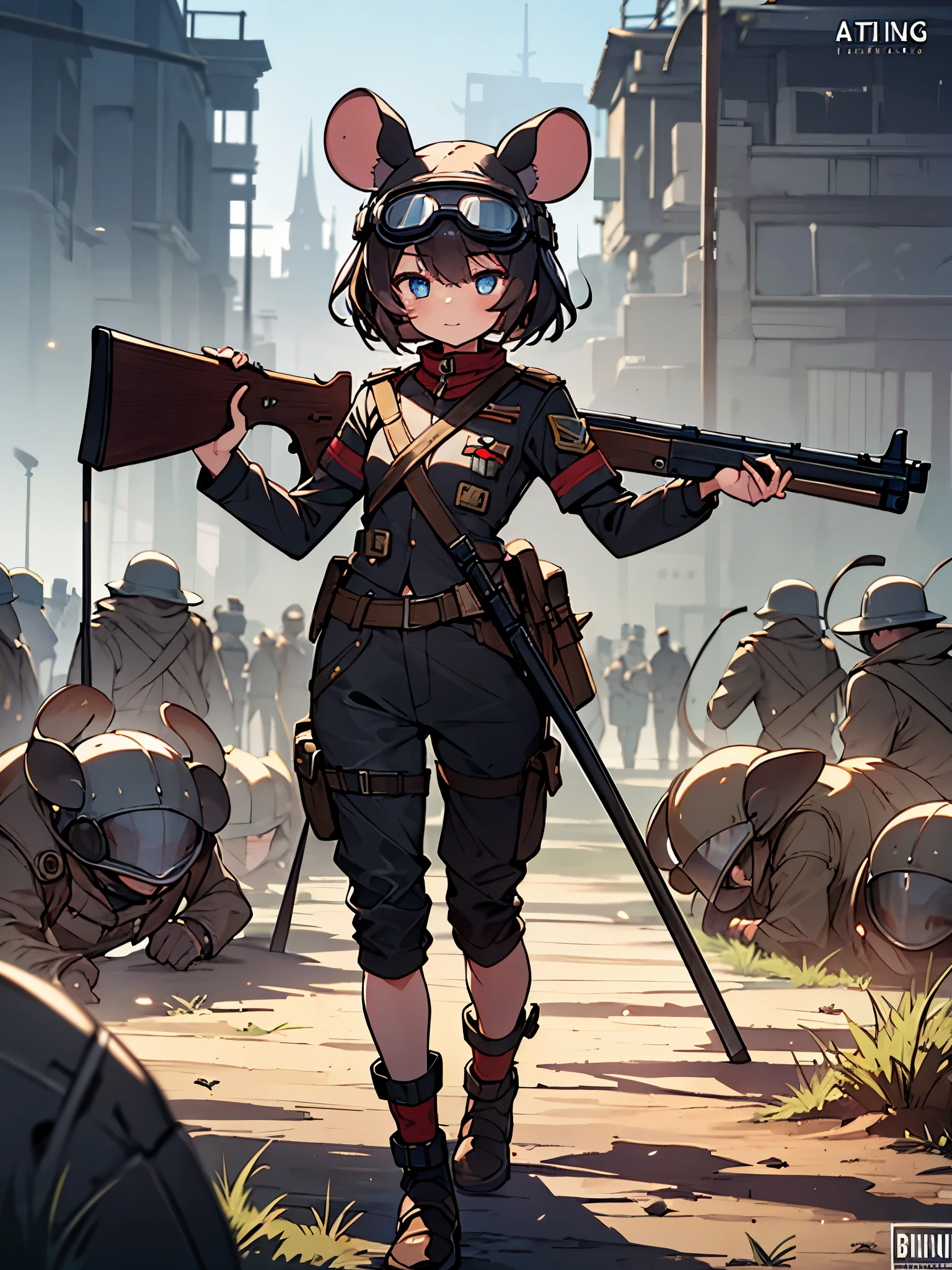 masterpiece, Best Quality, Perfect Face, Highest Resolution, Best Quality,Detailed depiction of the eyes, 8k, RimWorld, ratkin, 1 girl, young, small, Slender body, Mouse Ears, Helmet with goggles, Combat Uniform, rifle, battle field