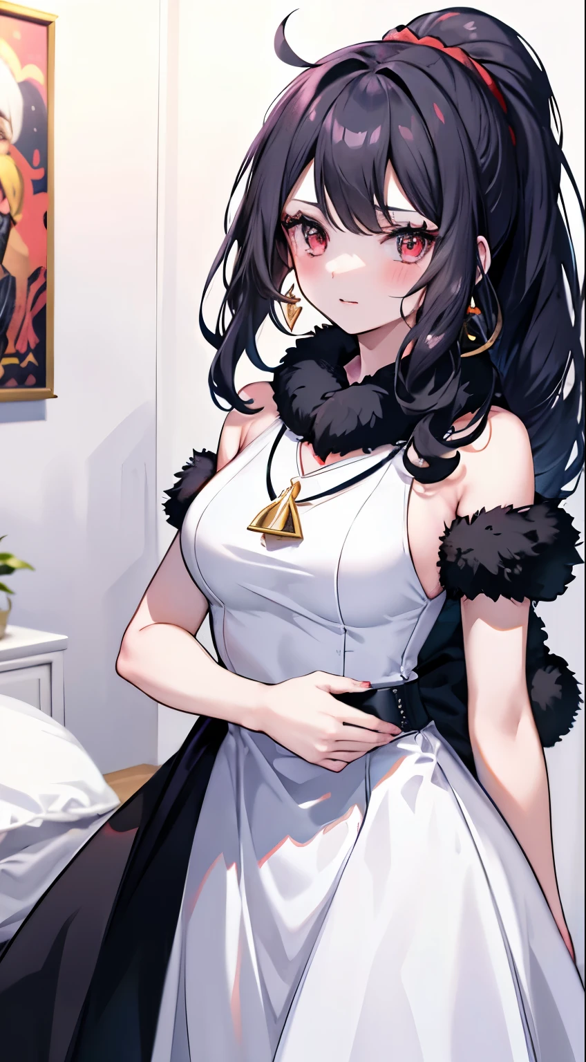 Black Hair，Red Eyes，Long hair，，Large Breasts，Sonya【Pokémon】，beauty，China，White mink scarf，White Dress，blush，bedroom background，earrings，Necklace on the neck