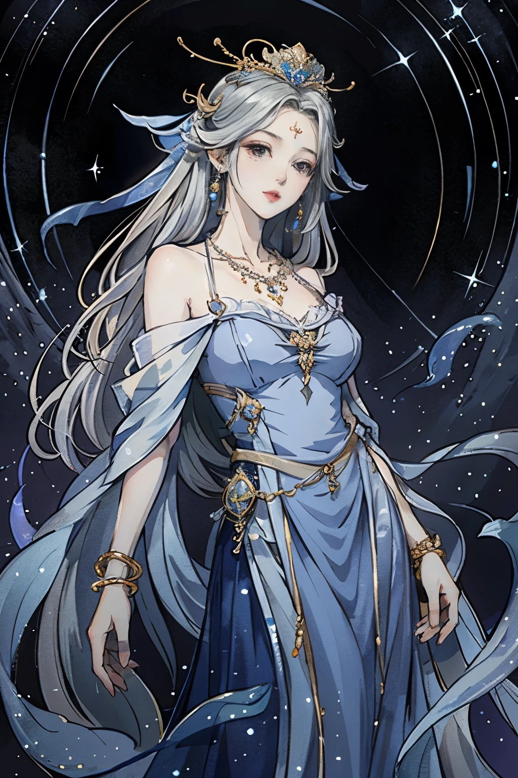 （masterpiece，Best Quality，High resolution, Unity8k wallpaper, Official Art), (One young beautiful girl), colorful, Detailed illustration art, Super detailed，Large Breasts, (Intertwined, Datura stramonium, Tangle), The Goddess, White lace dress, Silver Tiara, necklace, earrings, Gold Bracelet, Off the shoulder, Divine Light，Like a painting, flash drawing，Perfect Majic, Fantasy World, background, star雲, star, milky way, Detailed digital art, 