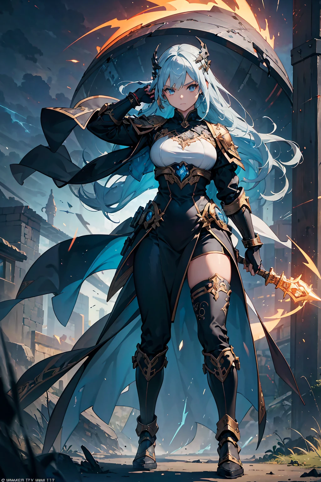 (((masterpiece, best quality, high detailed, 16k))) (1goddess) A formidable  thunder goddess with a commanding presence, her eyes crackling with electric energy. She has a lithe, muscular build and long, flowing hair that seems to shimmer with lightning. She wears ornate armor in shades of stormy gray and electric blue, intricately designed with lightning motifs and glowing runes. In her hands, she wields a massive, intricately detailed warhammer that crackles with thunderous energy. Her stance is powerful, with dark storm clouds swirling around her and bolts of lightning illuminating the scene. ((full body view))

