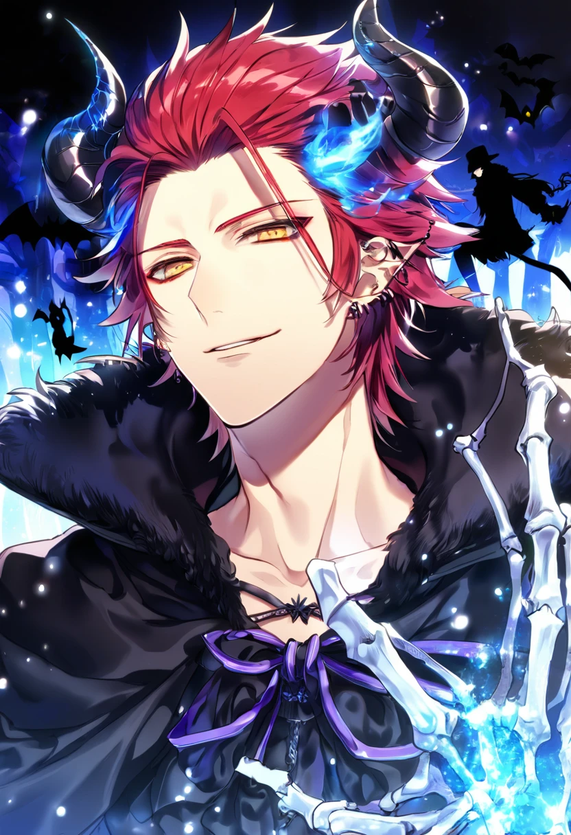 absurdres, highres, ultra detailed, HDR, master piece, Suoh Mikoto, red hair, hair is kept short, ruffled, slicked back and spiked, expressive yellow eyes, K Project, black cape with fur, black cropped shirt, accessories, sexy man, handsome, best quality, Halloween, fantasy, magical, blue shining fireflies, a piercing, solo, adult face, shining blue pumpkins, blue flames, skeleton hands, black bats, blue powers, handsome smile, amnesia memories, blue forest, demon, black horns,