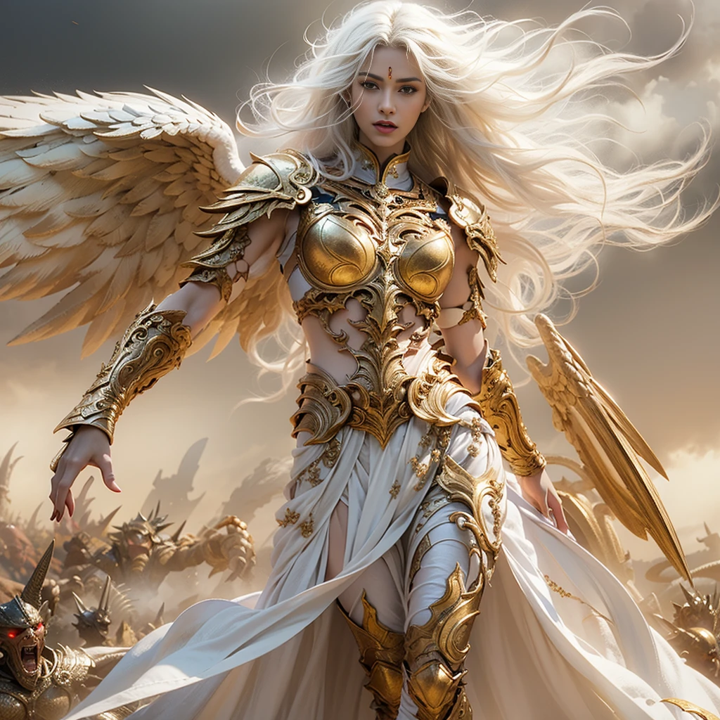 In the heart of heaven a young archangel with very long white hair., Crimson Gold Warrior Archangel Costume with Long Neckline, arms outstretched with power, battle pose, Wings spread with red and gold., on a battlefield, creates an atmosphere of war, Legions of archangels and techno-demons in battle, Energy and fire in every corner of the field.. The angle of the scene is dynamic, capturing the intensity of the moment, good quality golden eyes, eyes looking at the camera, ultra detailed, Beautiful and aesthetically pleasing, masterpiece, Best quality score, (fractal art: 1.3), extremadamente detallado , dynamic angle, ray tracing, full body, close up, dust and hard light