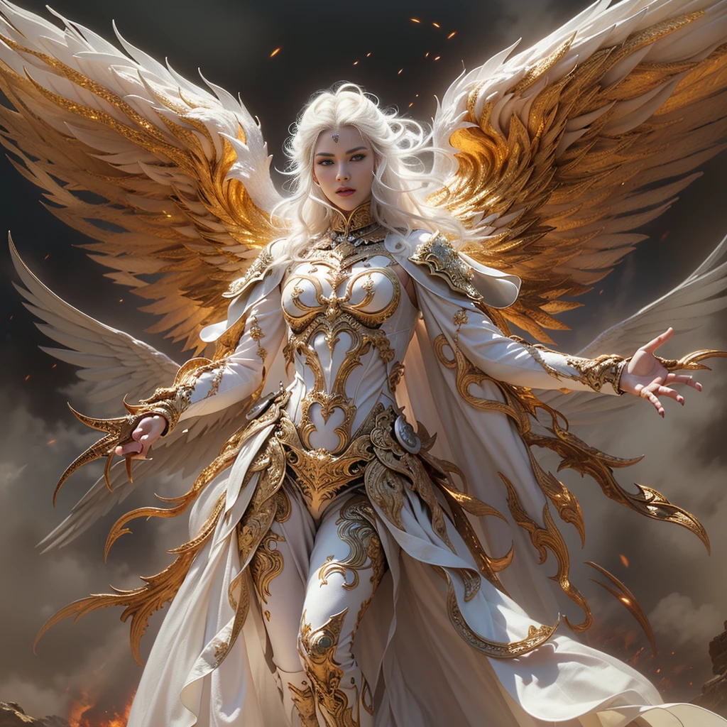 In the heart of heaven a young archangel with very long white hair., Crimson Gold Warrior Archangel Costume with Long Neckline, arms outstretched with power, battle pose, Wings spread with red and gold., on a battlefield, creates an atmosphere of war, Legions of archangels and techno-demons in battle, Energy and fire in every corner of the field.. The angle of the scene is dynamic, capturing the intensity of the moment, good quality golden eyes, eyes looking at the camera, ultra detailed, Beautiful and aesthetically pleasing, masterpiece, Best quality score, (fractal art: 1.3), extremadamente detallado , dynamic angle, ray tracing, full body, close up, dust and hard light