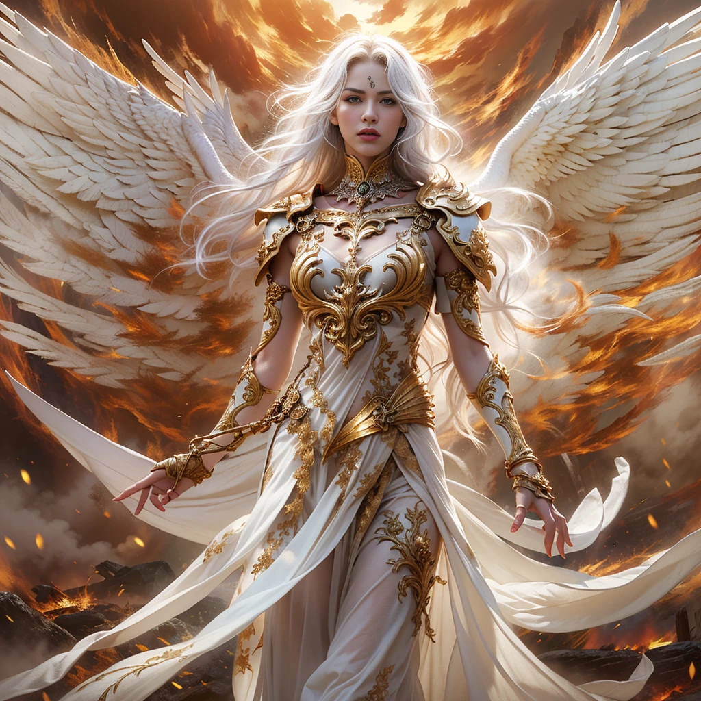 In the heart of heaven a young archangel with very long white hair., Crimson Gold Warrior Archangel Costume with Long Neckline, arms outstretched with power, battle pose, Wings spread with red and gold., on a battlefield, creates an atmosphere of war, Legions of archangels and techno-demons in battle, Energy and fire in every corner of the field.. The angle of the scene is dynamic, capturing the intensity of the moment, good quality golden eyes, eyes looking at the camera, ultra detailed, Beautiful and aesthetically pleasing, masterpiece, Best quality score, (fractal art: 1.3), extremadamente detallado , dynamic angle, ray tracing, full body, close up, dust and hard light