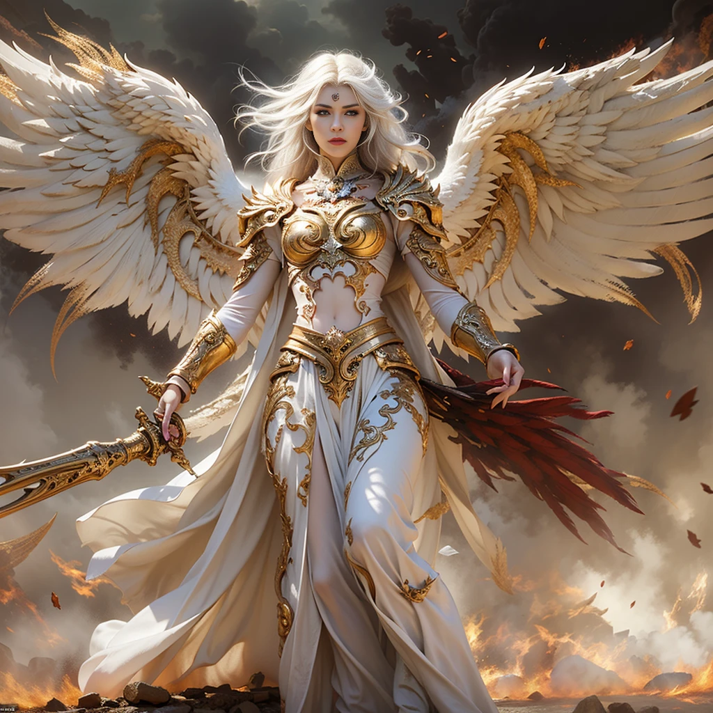 In the heart of heaven a young archangel with very long white hair., Crimson Gold Warrior Archangel Costume with Long Neckline, arms outstretched with power, battle pose, Wings spread with red and gold., on a battlefield, creates an atmosphere of war, Legions of archangels and techno-demons in battle, Energy and fire in every corner of the field.. The angle of the scene is dynamic, capturing the intensity of the moment, good quality golden eyes, eyes looking at the camera, ultra detailed, Beautiful and aesthetically pleasing, masterpiece, Best quality score, (fractal art: 1.3), extremadamente detallado , dynamic angle, ray tracing, full body, close up, dust and hard light