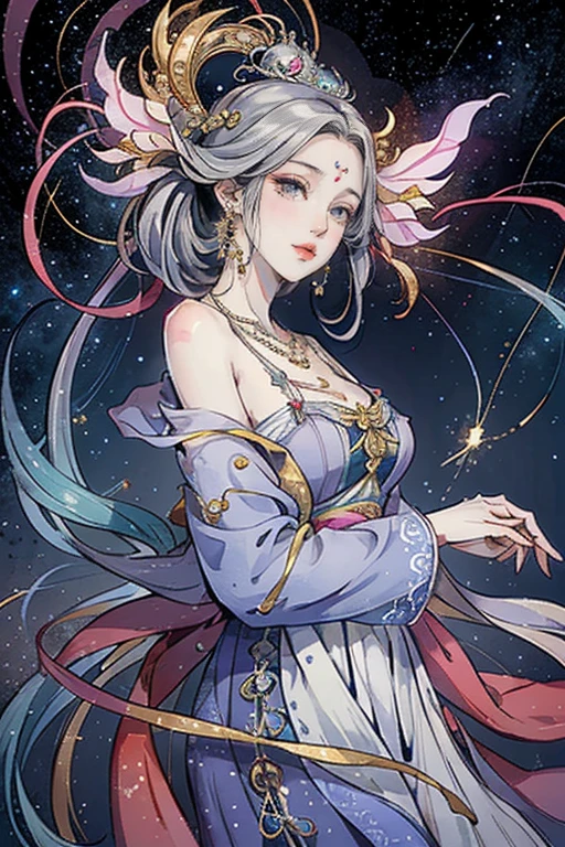 （masterpiece，Best Quality，High resolution, Unity8k wallpaper, Official Art), (One young beautiful girl), colorful, Detailed illustration art, Super detailed，Large Breasts, (Intertwined, Datura stramonium, Tangle), The Goddess, White lace dress, Silver Tiara, necklace, earrings, Gold Bracelet, Off the shoulder, Look at me and smile, Divine Light，Like a painting, flash drawing，Vibrant colors, Perfect Majic, Fantasy World, background, star雲, star, milky way, Detailed digital art, 