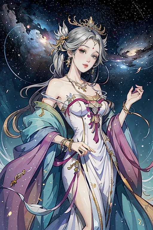 （masterpiece，Best Quality，High resolution, Unity8k wallpaper, Official Art), (One young beautiful girl), colorful, Detailed illustration art, Super detailed，Large Breasts, (Intertwined, Datura stramonium, Tangle), The Goddess, White lace dress, Silver Tiara, necklace, earrings, Gold Bracelet, Off the shoulder, Look at me and smile, Divine Light，Like a painting, flash drawing，Vibrant colors, Perfect Majic, Fantasy World, background, star雲, star, milky way, Detailed digital art, 