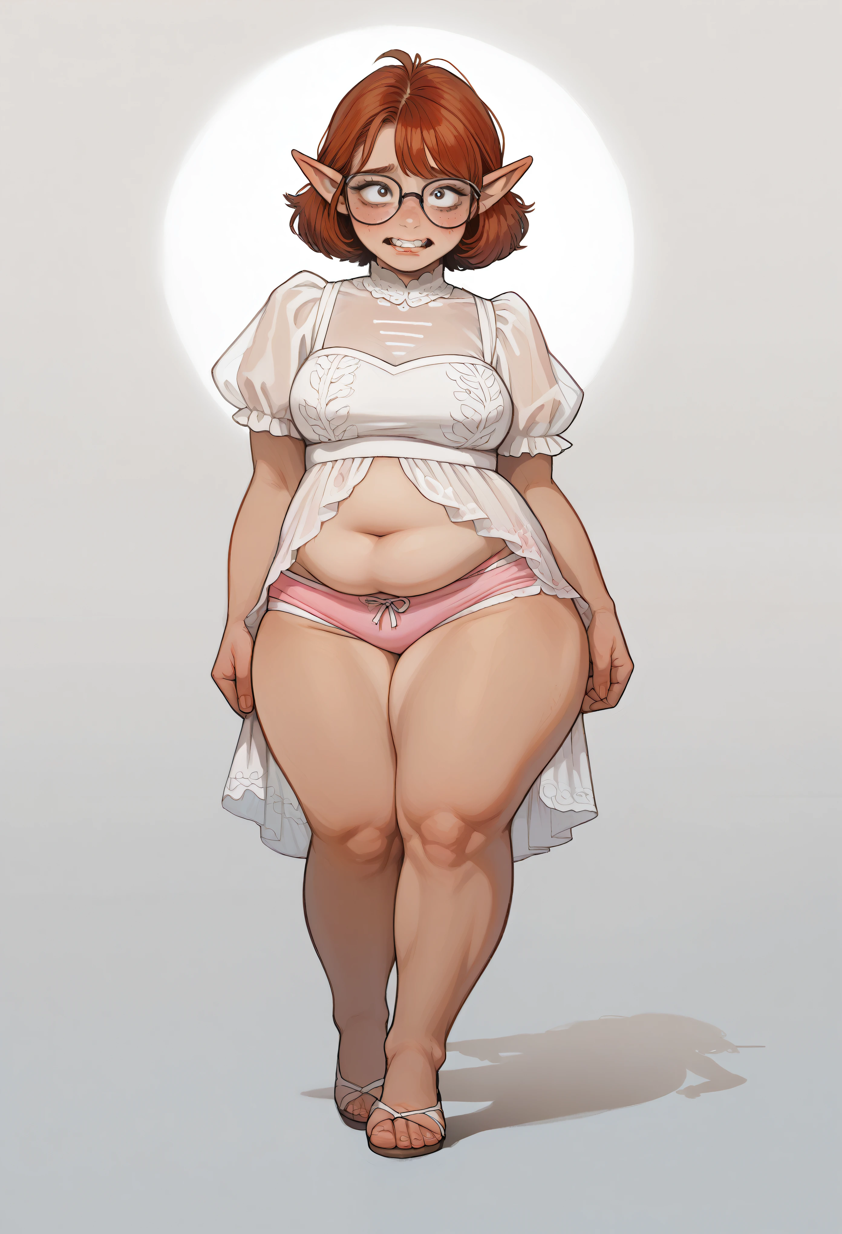 1 girl, nerdy elf woman, big teeth, glasses, (shy emotions:1.3) looking away, white elaborate elvish dress, (transparent top), (breasts silhouette), light beams, (tall torso), (bottom heavy body:1.3), (chubby), ((rivendell during autumn background)), extreme details, huge thighs, short red hair, (boyish face:1.1), , detailed background , volumetric lighting, high definition, realistic anime , (tall and chubby, long legs), (extremely detailed face:1.1), (large and wide breasts, exposed midriff, (pink underwear)