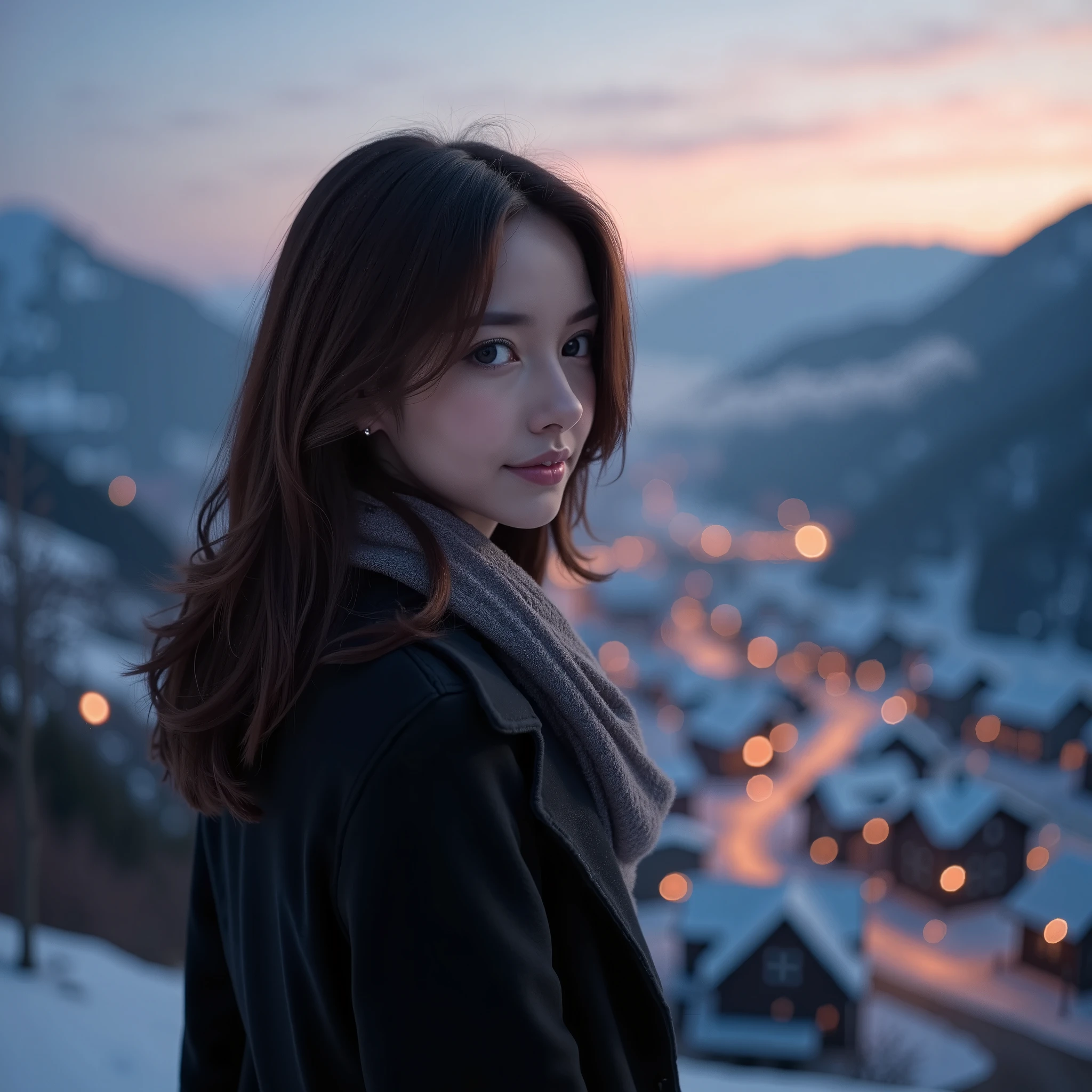 A photorealistic yet surreal close-up of a young woman standing on a mountain ridge at twilight, focusing on her upper body. She has shoulder-length, wavy brown hair that catches the soft glow of the moonlight, and she gazes back over her shoulder with a serene expression. She is wrapped in a dark coat and a scarf that flows gently in the cold mountain air. The background reveals a small town nestled below in the distance, illuminated by warm lights, with snow-covered rooftops and misty hills fading into the horizon. The scene is bathed in a magical blend of moonlight and the last warm rays of sunset, giving the image a painterly, dreamy quality while maintaining realistic details. The atmosphere is calm, with a soft, ethereal touch, blending the feeling of both realism and fantasy."