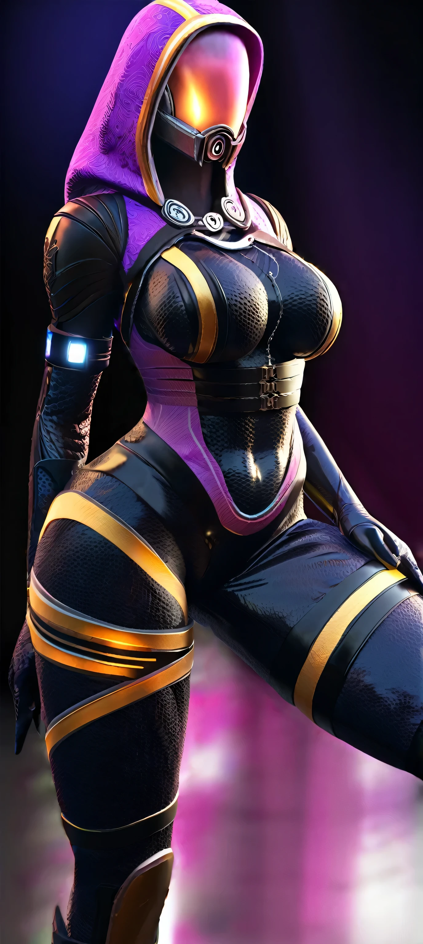 Tali Zora in her black latex suit from Mass Effect, divine female athletic figure, with beautiful breasts and hips, her mask and elements on her costume glow with a bright purple neon and illuminate a completely black background, She is depicted in full growth from head to toe on a black background, in detail down to the smallest detail, ultra realistic 8k graphics, elaborate lighting, ultra shaders, best quality, masterpiece