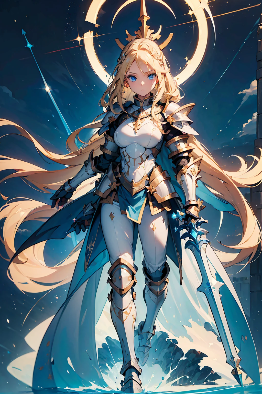 (((Masterpiece, best quality, 16k))) female character with long blonde hair and bright blue eyes. She wears a celestial armor in white, gold, and blue. wields a divine spear. The character has a determined expression, with a heavenly realm as the background. ((full body front view)). ((slender)), (extremely detailed:1.5), (long blonde hair:1.2), (bright blue eyes:1.2), (heavenly realm:1.1), (celestial armor:1.3), (divine spear:1.3).