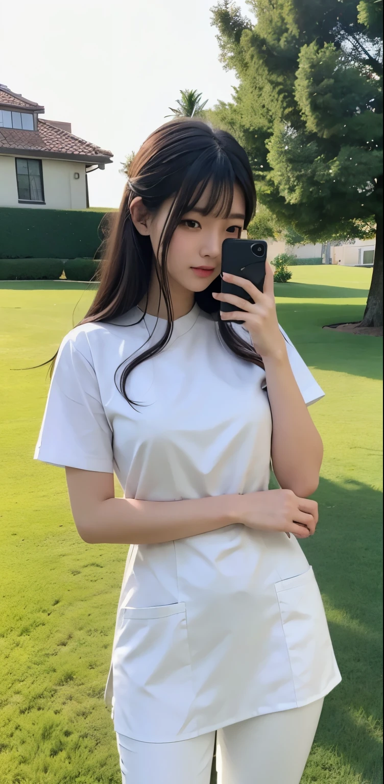 Beautiful girl taking photos on the villa lawn，Original photo，masterpiece，（Highly detailed skin：1.2），8K ultra-high image quality，SLR camera，natural soft light，high quality，film grain，FUJI XT3，20 year old Asian woman，wear simple clothes，（White long nurse uniform:1.2.long skinny jeans:0.7，Costumes rich in details:1.3），（It&#39;s raining，Clothes are translucent when wet:1.0，water droplets on skin）， Perfect body，Perfect breasts and nipple prominence，The legs are straight and thin，brand fashion shoes:0.6，Exquisite and beautiful face（Ultra-detailed facial features and skin:1.0），Fair pink face and skin，skin is pink，shining light，double eyelids，super detailed eyes，Sweet smile showing teeth，High ponytail, smooth and straight hair（Hair floating and glowing:0.6），fine jewelry， (Lip Gloss, eyelash, smooth face, best quality, Ultra-high resolution）（warm color，wide lighting, natural shadow),sit on a bench（Wooden chair），Open your legs boldly，revealing underwear，breast hyperexcitability， show your beautiful body, Full body photo: 1.8