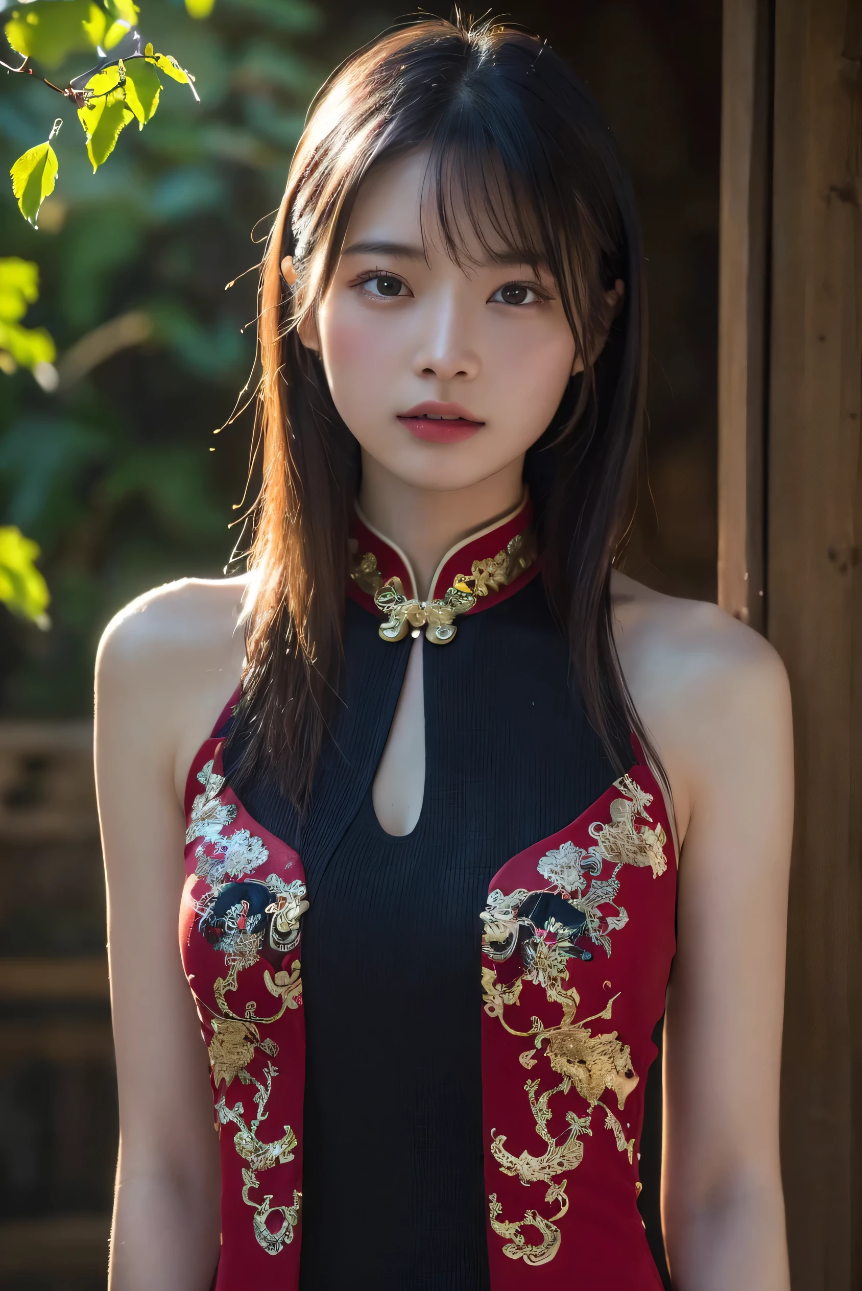 A woman wearing a Chinese dress、She is posing with a traditional Chinese garden as a backdrop。There are red lanterns and bamboo in the background.、Let the elegance and beauty of a woman shine through。