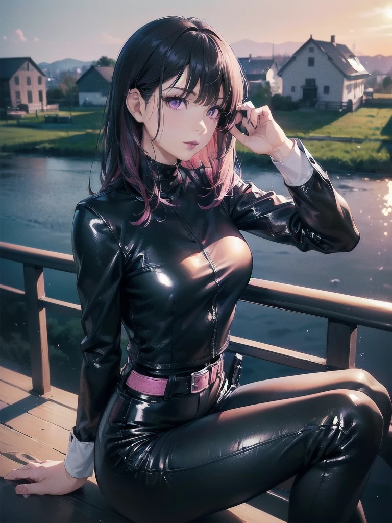 girl, violet hair, standing, deserted city, detailed body, high resolution, best quality intricate details, realistic lighting, , vibrant colors, adventure clothes, detalized body