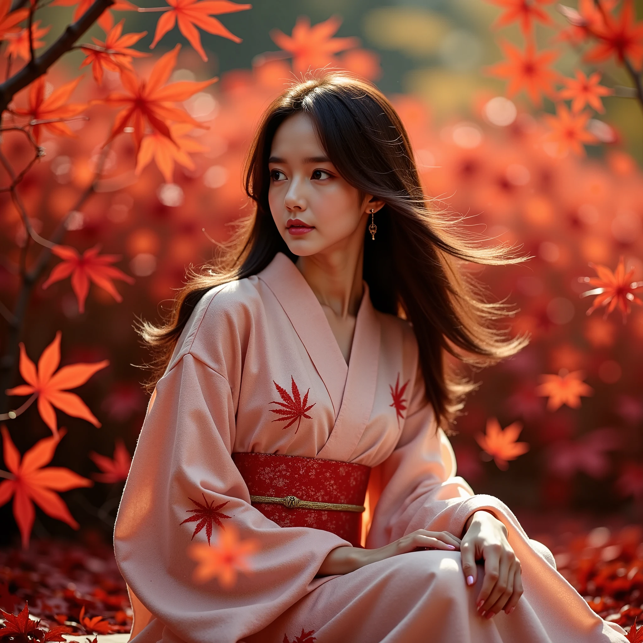 A photorealistic portrait of a young woman dressed in a traditional kimono, sitting gracefully amidst a landscape of vibrant red maple leaves. The autumn leaves are swirling gently in the wind, adding a dynamic and poetic element to the scene. Her long hair flows softly, and her expression is serene, gazing off to the side in quiet contemplation. The warm, natural lighting highlights the intricate patterns of her kimono and the rich colors of the leaves, creating a harmonious balance between her figure and the surrounding nature. The atmosphere is both peaceful and cinematic, blending the beauty of the woman with the elegance of the autumn season

