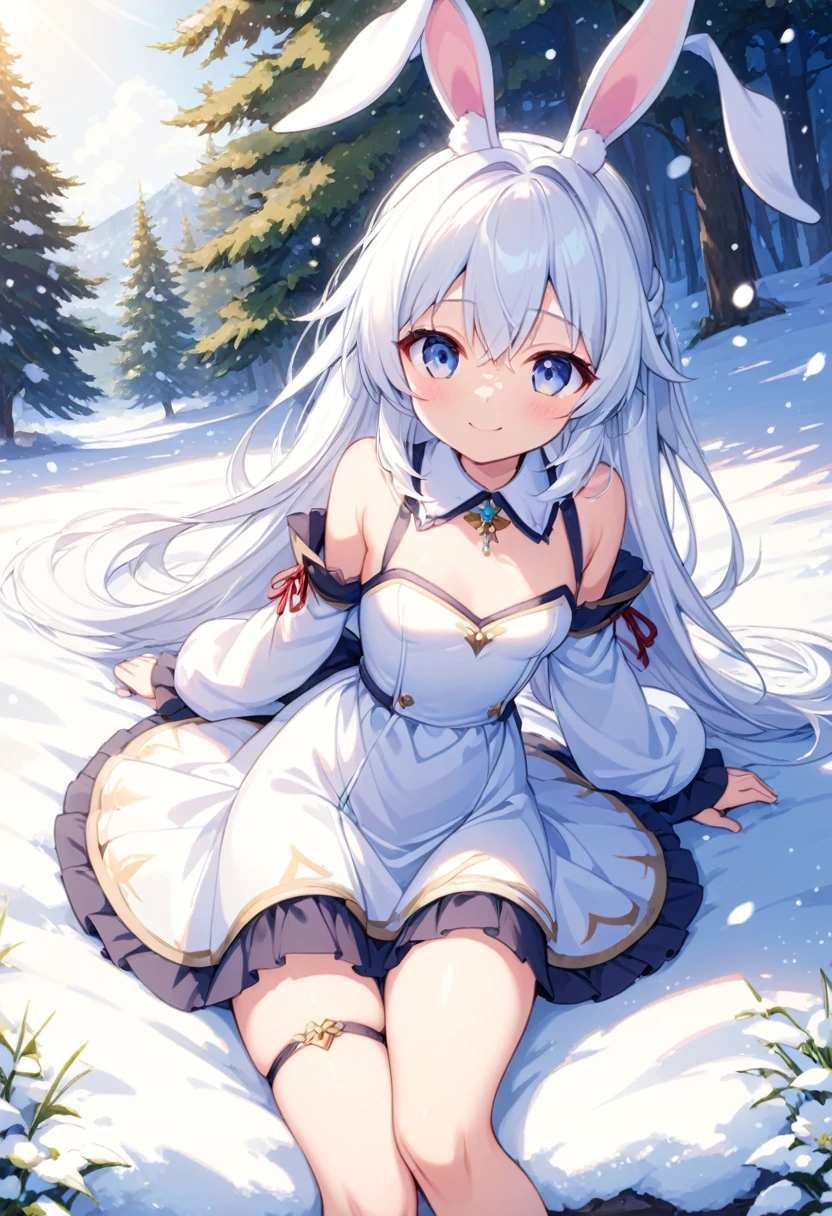 masterpiece, One Girl, Small breasts.Long hair in the snow, Wearing a dress, skirt, フレアskirt, smile, Anime Fantasy, White hair fluttering, Fantasy Anime,Bunny Ears:1.5. Ethereal Anime, Beautiful anime art, Beautiful digital art, Anime Fantasyアートワーク, Anime Fantasyアートワーク, Sheet.1 person, Sitting like a maiden in the grass, Sitting