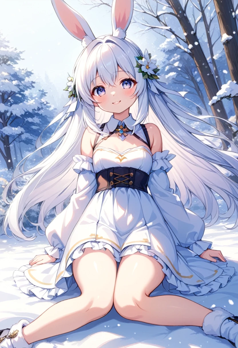 masterpiece, One Girl, Small breasts.Long hair in the snow, Wearing a dress, skirt, フレアskirt, smile, Anime Fantasy, White hair fluttering, Fantasy Anime,Bunny Ears:1.5. Ethereal Anime, Beautiful anime art, Beautiful digital art, Anime Fantasyアートワーク, Anime Fantasyアートワーク, Sheet.1 person, Sitting like a maiden in the grass, Sitting