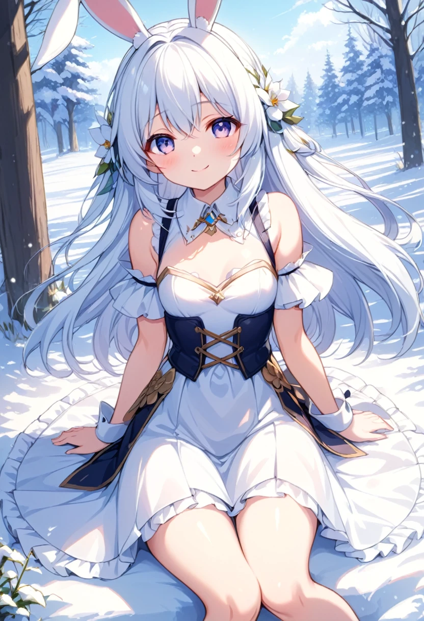 masterpiece, One Girl, Small breasts.Long hair in the snow, Wearing a dress, skirt, フレアskirt, smile, Anime Fantasy, White hair fluttering, Fantasy Anime,Bunny Ears:1.5. Ethereal Anime, Beautiful anime art, Beautiful digital art, Anime Fantasyアートワーク, Anime Fantasyアートワーク, Sheet.1 person, Sitting like a maiden in the grass, Sitting