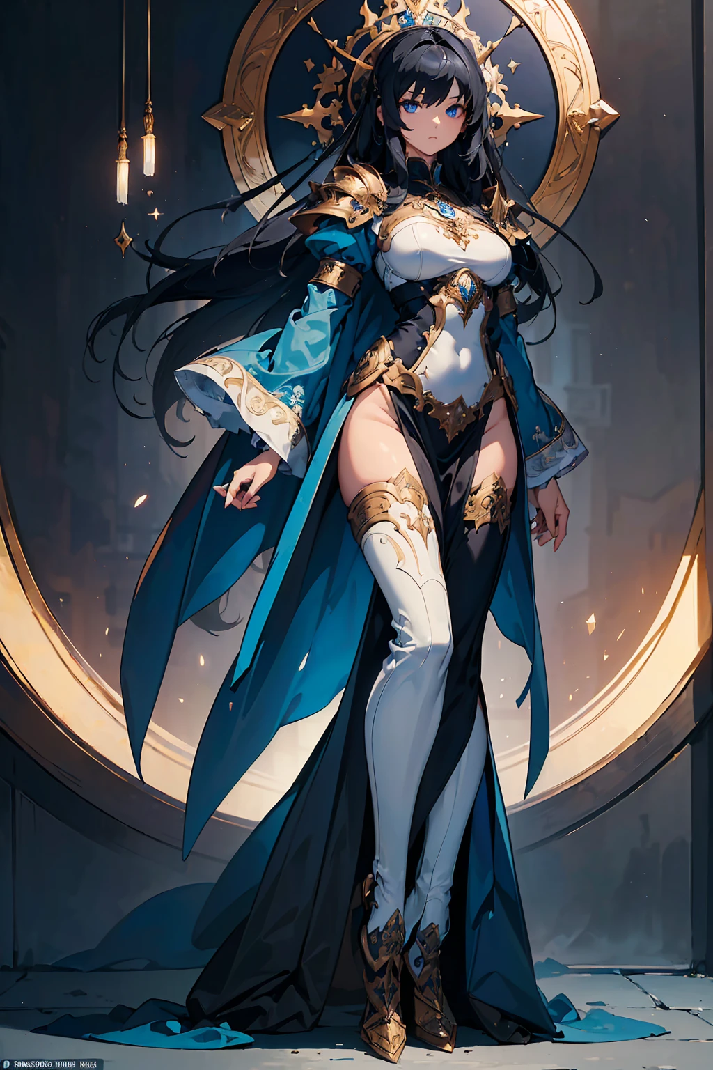 1 young beautiful woman,(Highest quality,Extremely detailed depiction,Incredibly absurd high resolution,Anatomically accurate depiction,Curvy Legs),(Glowing Skin,Shiny skin),(A female swordsman with a noble air),(A noble white outfit,Holy sword,tiara,Cape,White tights),(Blue Eyes,Half-closed eyes:1.3,Shadowed face,lipstick,There is cleavage in the chest,Cool look),eyelash,Luxury accessories,Earrings,necklace,Bracelet standing posture,Full body