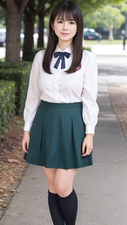 Japanese Mature,(50 years old:1.2),White skin,(curvy,Large Breasts,Emphasizes plump thighs:1.1),(nogizaka_Costume,Super short mini skirt,Short socks,Wearing loafers:1.2),Wearing earrings,(Standing in the park,Full body shot from head to toe:1.2),looking at viewer,smile,surrealism, depth of field, from below, Sony FE, 8k