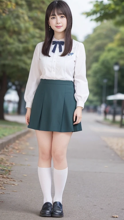 Japanese Mature,(5:1.2),White skin,(curvy,Large Breasts,Emphasizes plump thighs:1.1),(nogizaka_Costume,Super short mini skirt,Short socks,Wearing loafers:1.2),Wearing earrings,(Standing in the park,Full body shot from head to toe:1.2),looking at viewer,smile,surrealism, depth of field, from below, Sony FE, 8k