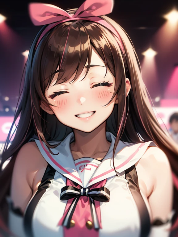 (portrait:1.3), kizuna ai, long hair, brown hair, multicolored hair, pink hairband, pink hair, blue eyes, white leotard, medium breasts, white sailor collar, bowtie, hair bow, (masterpiece, best quality:1.2), (solo:1.3), ((happy smile, closed eyes, blush)), dynamic action pose, dramatic lighting, ((wrestling ring with a large crowd)), highly detailed,