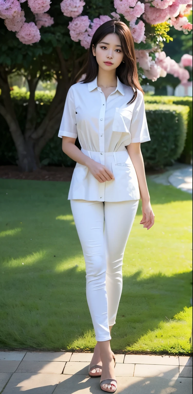 1 beautiful woman taking pictures on the grass of the villa,RAW photos,tmasterpiece,(highdetailskin:1.2),8k ultra high definition,digital SLR camera,gentlesoftlighting,high high quality,filmgrain,富士XT3,20 years old Asian woman,Wear simple clothes,(White long nurse uniform:1.2 and long skinny jeans:0.7,Detailed clothing details:1.3),perfect body figure,Perfect breasts and nipple bulge,The legs are straight and slender,Branded stylish shoes:0.6,Super detailed facial details and skin,Fair pink face and skin,The skin is pink,with light glowing,二重まぶた,Super detailed eyes,wearing face mask:1.5, (Gloss on lips, eyeslashes, Glossy face, Best quality, Super high resolution, warm color,Wide lighting, naturalshadow),taken from behind, Show off your beautiful body, Full body shooting: 1.8