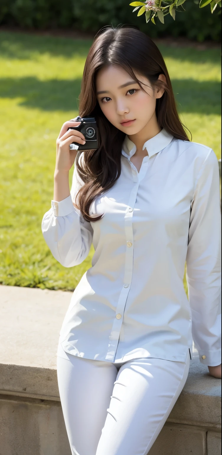 Beautiful girl taking photos on the villa lawn，Original photo，masterpiece，（highly refined skin：1.2），8K ultra-high image quality，SLR camera，natural soft light，high quality，film grain，FUJI XT3，20 year old Asian woman，wear simple clothes，（White long nurse uniform:1.2.long skinny jeans:0.7，Costumes rich in details:1.3），（it&#39;It&#39;s raining，Clothes become translucent when wet:1.0，water droplets on skin）， Perfect body，Perfect breasts and nipple prominence，The legs are straight and thin，brand fashion shoes:0.6，Exquisite and beautiful face（Ultra-detailed facial features and skin:1.0），Fair pink face and skin，skin is pink，shining light，double eyelids，super detailed eyes，Sweet smile showing teeth，high ponytail, smooth straight hair（Hair flowing and shiny:0.6），fine jewelry， (Lip Gloss, [eyelash, smooth face, best quality, Ultra-high resolution）（warm color，wide lighting, natural shadow),sit on a bench（Wooden chair），Open your legs boldly，Revealed Underwear，breast hyperexcitability， show your beautiful body, Full body photo: 1.8