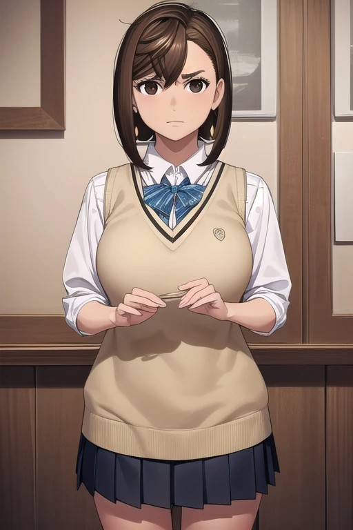 
momoayase, momo ayase, short hair, brown hair, (brown eyes:1.5), bangs, thick eyebrows, medium breasts, short skirt, school uniform, pleated skirt, shoes, socks, loafers, revealing sweater vest, shirt, white shirt, collared shirt, earrings, green earrings, iindoors, classroom,looking at viewer, (cowboy shot:1.5), (masterpiece:1.2), best quality, high resolution, unity 8k wallpaper, (illustration:0.8), (beautiful detailed eyes:1.6), extremely detailed face, perfect lighting, extremely detailed CG, (perfect hands, perfect anatomy),
