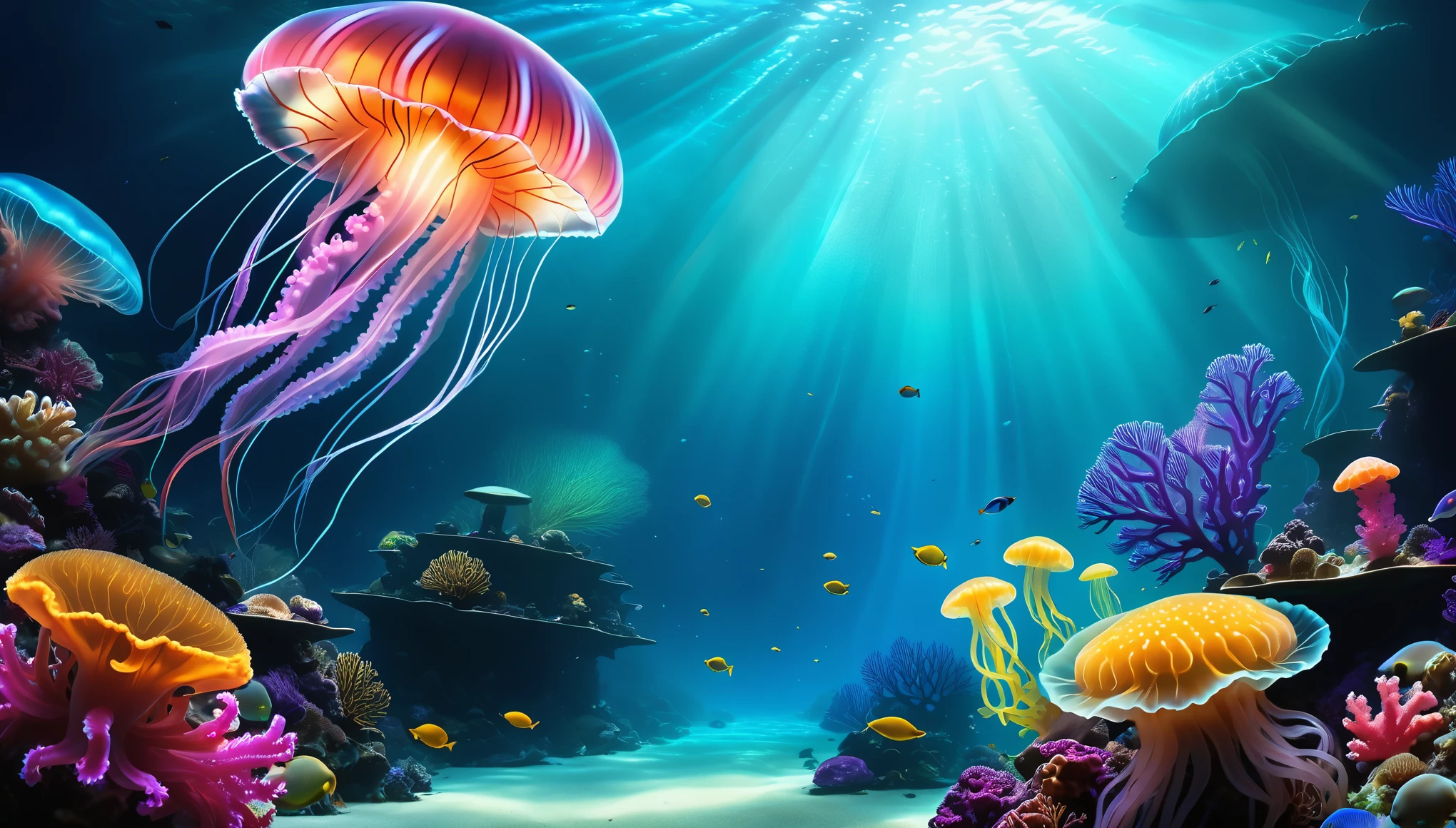 A tranquil underwater world, Alien aquatic life, Glowing marine life, Colorful coral reef, Otherworldly flora and fauna, Fascinating bioluminescent plankton, Ethereal glowing jellyfish, Surreal aquatic ecosystem, Mysterious wonders of the deep sea, Stunning Aquamarine Palette, Dramatic chiaroscuro lighting, Cinematic Lenses, Award-winning digital art, Hyperrealistic 3D rendering, Attention to detail, Stunning sense of scale，Present the whole picture（（（bright，）））（（（Clear HD Ultra HD ）））