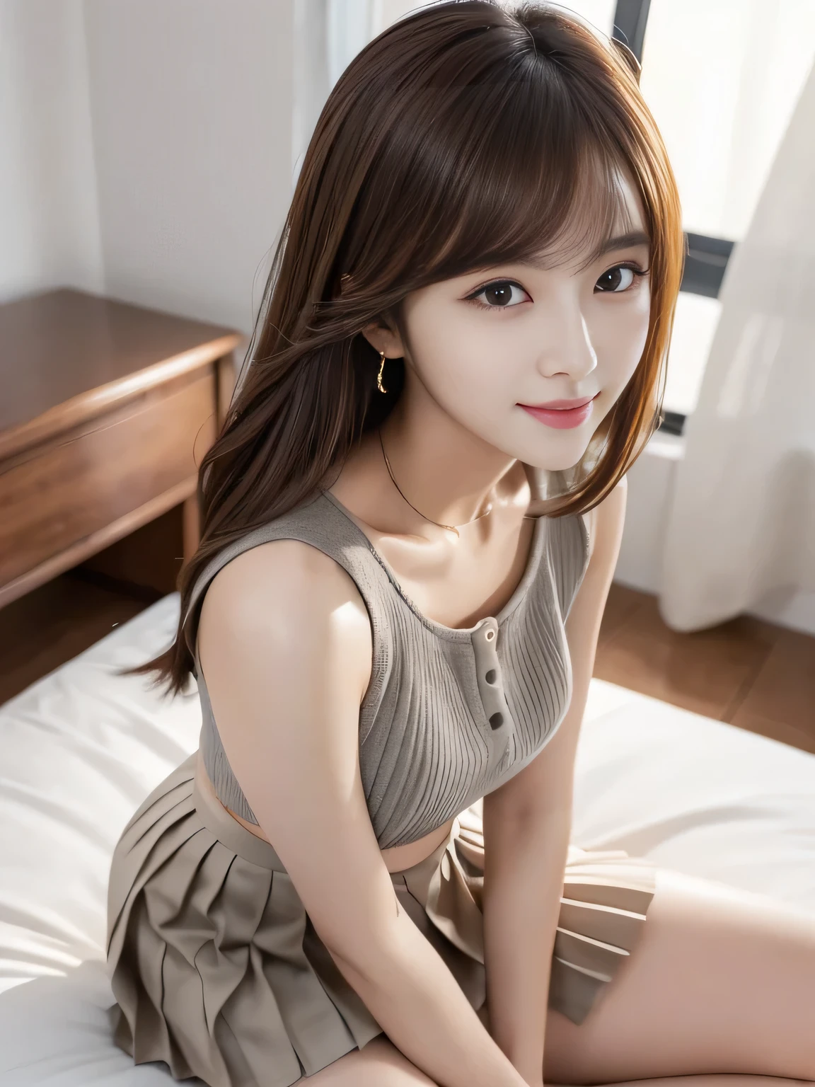masterpiece, best quality, ultra-detailed, intricately detailed hyperdetailed, realistic, sharp features, highly detailed, sharp focus, Realistic, Photorealistic:1.3, (17yo:1.5), perfect face, perfect symmetrically eyes, perfect full lips, hyper detailed, hyper realistic, high resolution, korean Idol in a gray top sitting on a bed, gorgeous young korean woman, Stylish, model poses, Beautiful Face, light brown hair, asymmetrical bangs, (seductive smile), (looking at viewer), studio lighting, white background, from above, selfie, self portrait, (Pleated mini skirt:1.2),