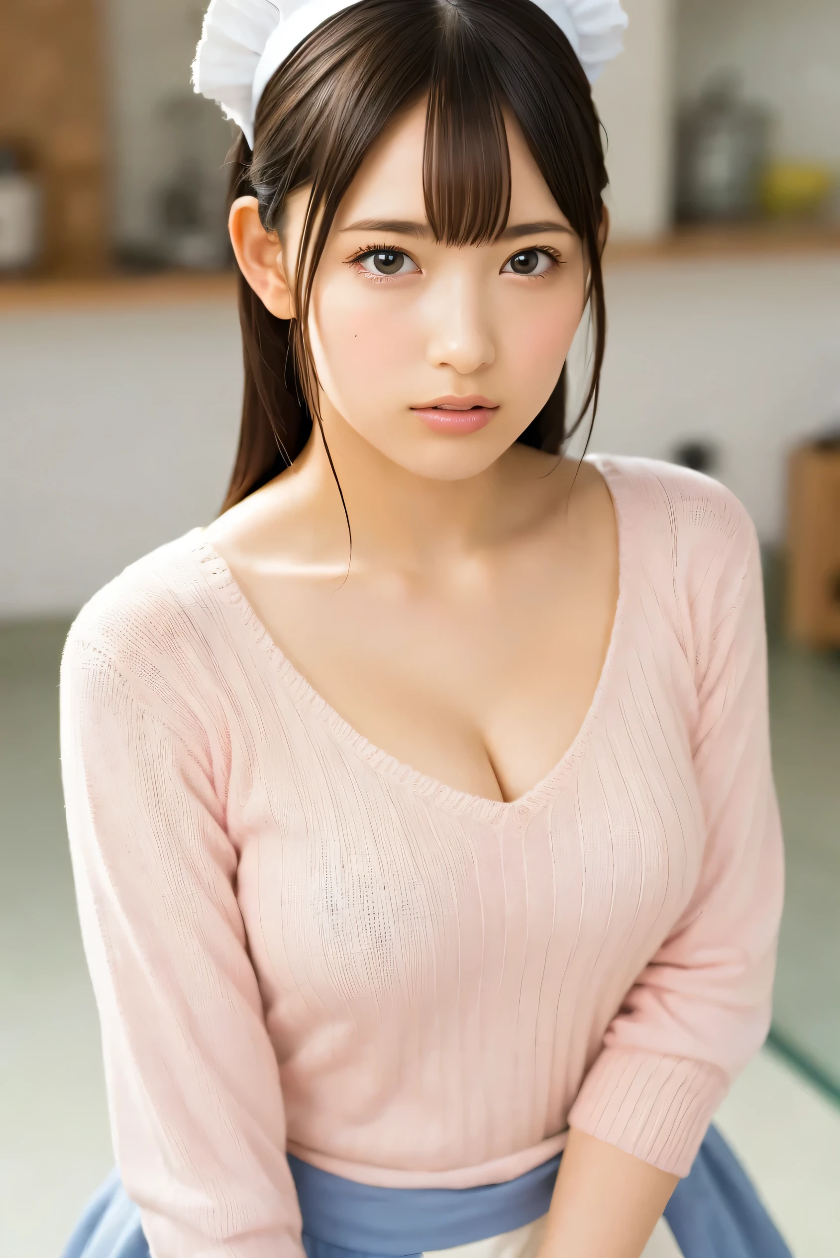 (8k, RAW Photos,Best Quality, High resolution:1.1), (Ultra-realistic:1.4),(Realistic, Realistic:1.3),The beauty of Japan、Rhythmic Gymnastics Club、Rhythmic Gymnastics Uniform、((Upper Body:1.3)),Maid Cafe、((Maid:1.3)),(Pink knitted sweater:1.3),look up、Shooting from above、