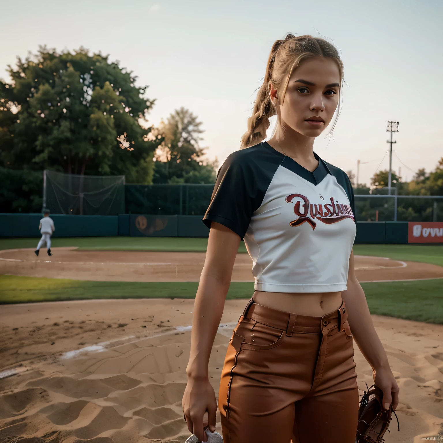 (vista de perfil) An innocent and cute -year-girl h double ponytails, american girl, mini falda corta, girl screaming, style, wearing cute white stockings and mini skirt, embellished with animal hangings. beisball Stadium, Look into the camera