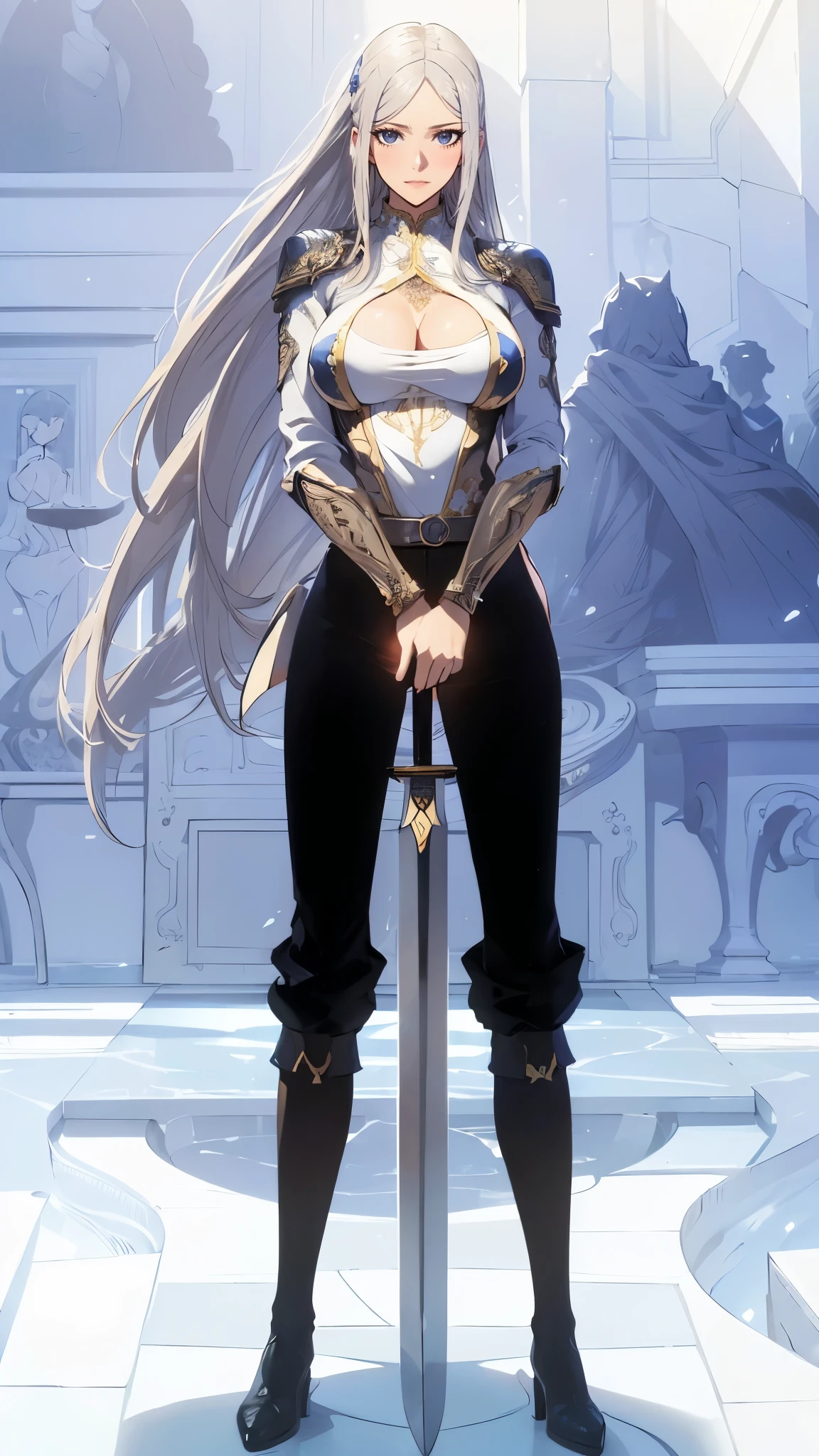 ((1milf, solo)), mature female, (large breasts:1.5), beautiful body, (perfect anatomy, perfect body, perfect hands, perfect legs), nice hands, natural proportions, sexy body, standing, ((sword)), hands on hilt BREAK 

((extremely detailed face)), (beautiful detailed eyes:1.6), (realistic pupils, realistic iris:1), expressive eyes, looking at viewer, (clear eyes:1.3), (hyperrealistic:1.2), (detailed skin texture:1.2), smooth skin, (detailed lips:1.3), (attractive lips:1.2), (glossy lips:1.1), perfect face, perfect eyes BREAK

(masterpiece:1.5), anime-style, top quality, best quality, (beautiful and aesthetic:1.2), (ultra detail:1.5), Ultra-detailed depiction, Ultra-precise depiction, extremely detailed 8k illustration, high resolution, (highly detailed shading:1.2), (realistic lighting:1.4), perfect lighting, vibrant colors, dynamic tones, striking hues, 8k, absurd resolution, perfect shadows, hdr, UHD, ambient lighting, realistic, ultra-realistic, photo realistic, highly detailed, rich detail, luminous colors, fine texture, intricate design, professional illustration, (soft light:1.2), (illustration:0.7)