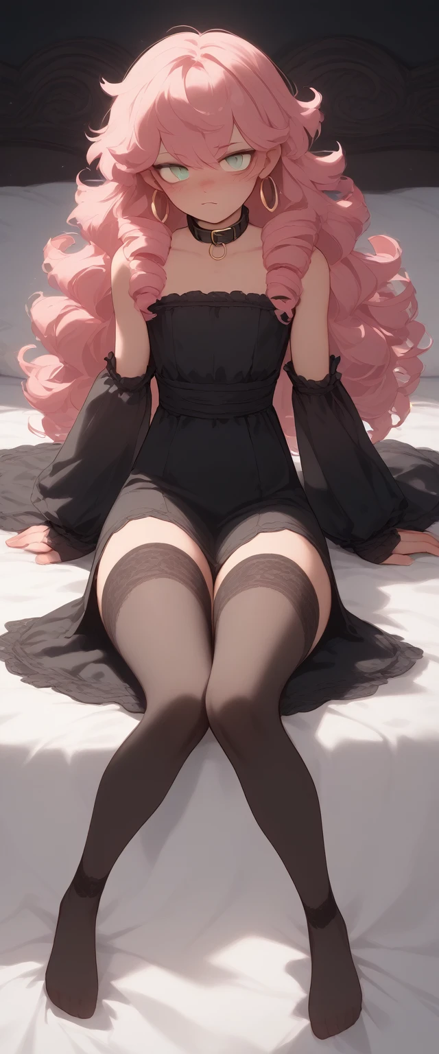 Perfect body、Perfect Face、Beautiful Face、delicate、Thick thighs、White skin、One person、boy、femboy、juvenile、Pink Hair、Curly Hair、A little bouncy、wave hair、bangs、Long Hair、Teenager、cute、Slanted Eyes、Black tights、Black Stockings、Black hoop earrings、Gloves、Silver Ring、Black collar、,Gray Eyes、bedroom,The wall color is black,Moody lighting,A little dark room、Dark Pink、Magenta、Big black and pink cushion、solo, High resolution, masterpiece, Best Quality,、(サイズの大きい黒いfurのコート)、黒いfur、Moe sleeves、fur、race、clavicle、Black Dress、Luxurious bed、velvet、Earrings、blush、View your viewers、breath、Grinning face、to close range、tooth、Stand on your knees