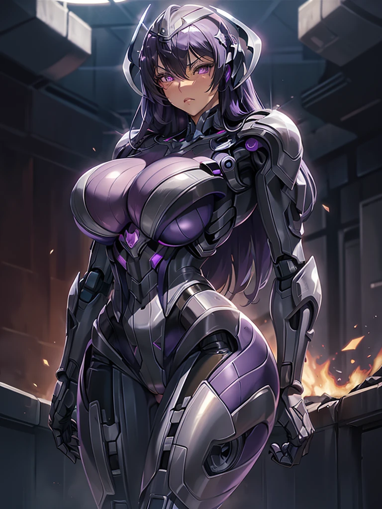 Women, robotic suit, dark metal, voluptuous figure, purple glitter, Purple leotard 