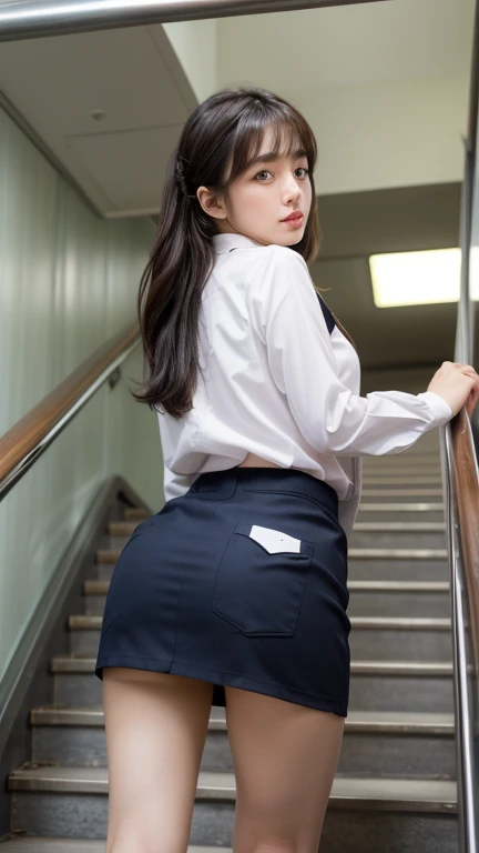 Escalator Skirt、Short coat、(Lower body close-up))、Rear View、((Panty shot))、((Detailed face))、((Symmetrical eyes))、((Detailed eyes))、Very low camera angle、Leaning forward.Panties under skirt.She turned to the cameraman..The pants are tucked into the skirt.Detailed faceのレンダリング.Serious expression.Her eyes are fixed on the camera. (Exposing thighs).( View Photographers, Open your lips a little).(reality).RAW Photos.Perfect Anatomy. Beauty.Japanese women(1). ((She is climbing the stairs))、.(JK uniform).((Wearing a super mini skirt))((Angle from below))