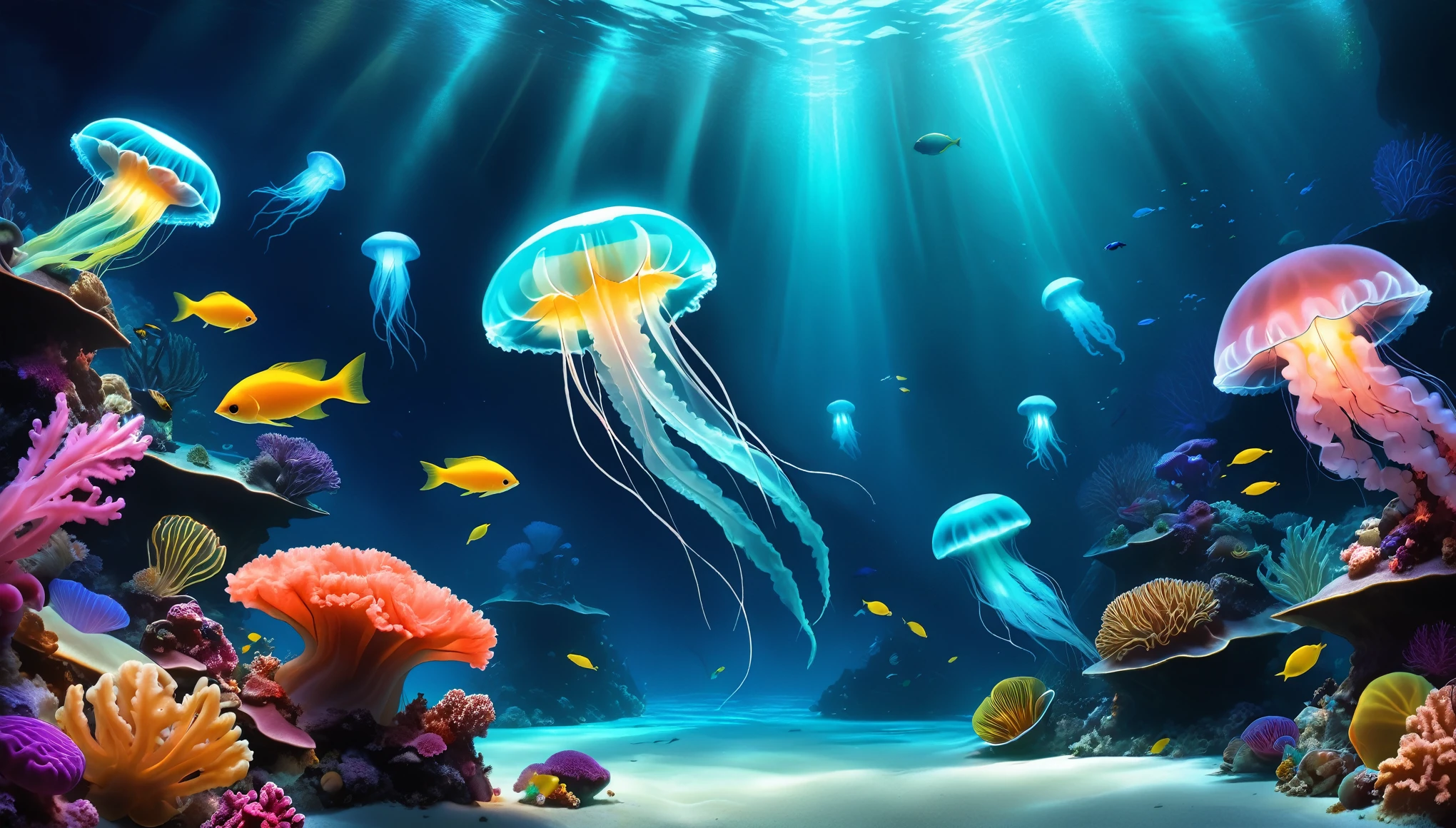 A tranquil underwater world, Alien aquatic life, Glowing marine life, Colorful coral reef, Otherworldly flora and fauna, Fascinating bioluminescent plankton, Ethereal glowing jellyfish, Surreal aquatic ecosystem, Mysterious wonders of the deep sea, Stunning Aquamarine Palette, Dramatic chiaroscuro lighting, Cinematic Lenses, Award-winning digital art, Hyperrealistic 3D rendering, Attention to detail, Stunning sense of scale，Present the whole picture（（（bright，）））（（（Clear HD Ultra HD ）））
