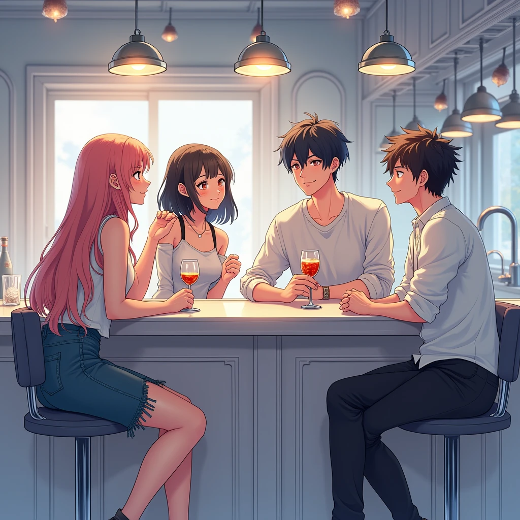 In the tavern, several young people toast and celebrate, (close-up of clinking glasses), very tense and dramatic images, moving visuals, hanging North Star, colorful natural light. Pixiv, concept art, lofi art style, reflection. by Makoto Shinkai, Lofi Art, Beautiful anime scene, Style of Makoto Shinkai, enhanced details