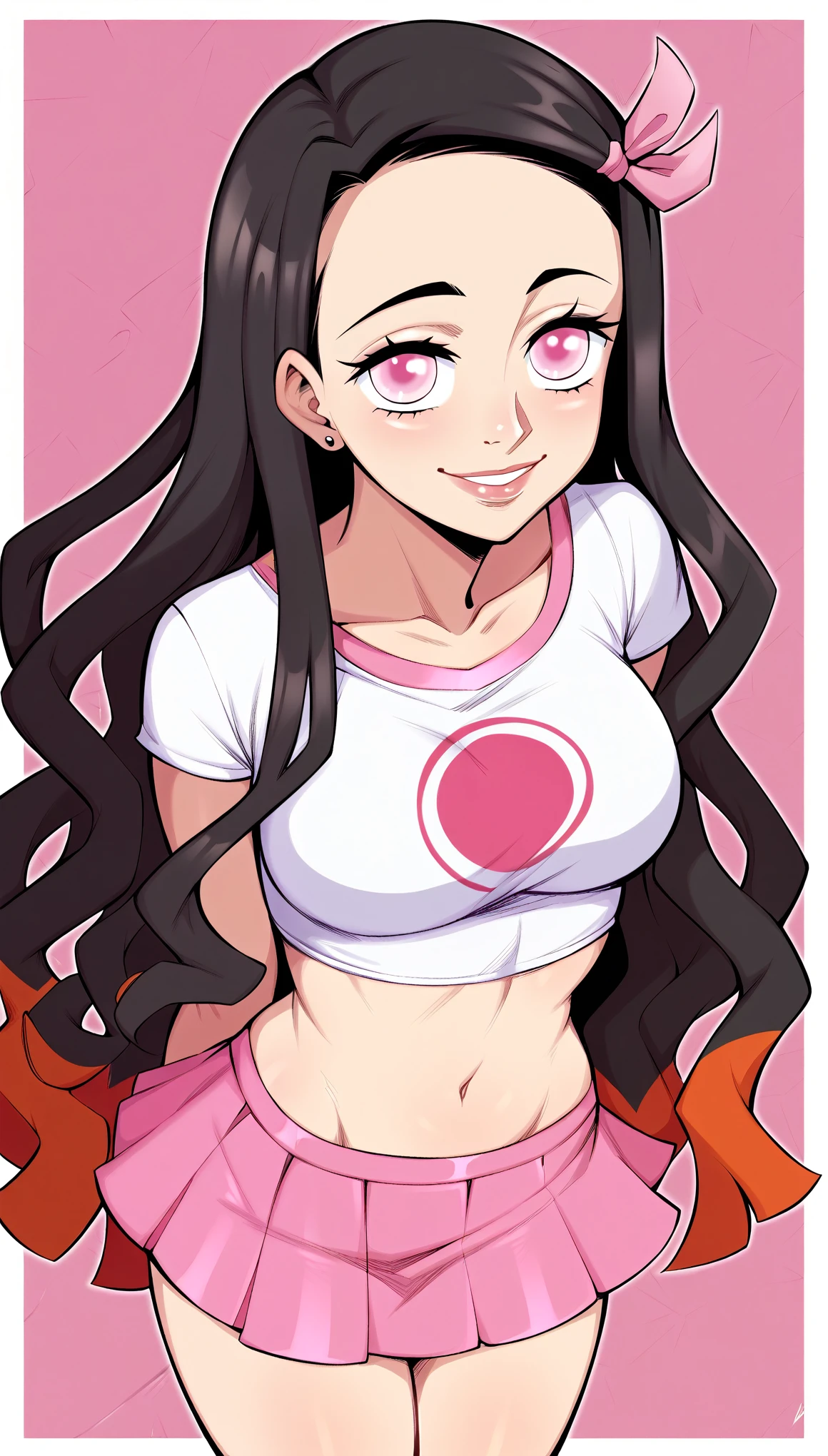 score_9, score_8_up, score_7_up, detailed eyes, beautiful, detailed background, face focus, masterpiece, best quality, looking at viewer, half closed eyes, smile, oiled up,kamado nezuko, black hair, pink eyes, pink hair ribbon, two-tone hair, hourglass figure, thot outfit, micro skirt, visible thongs, crop top, cum, used condom,on street, cowboy shot, skinny, petite, from above