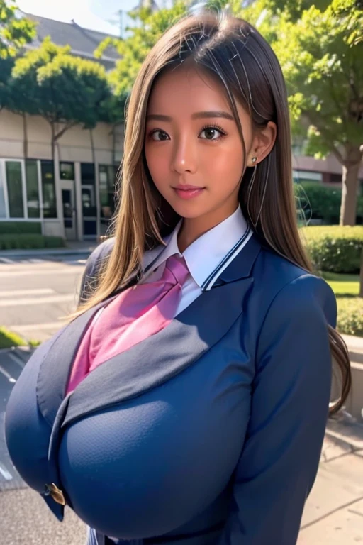 one girl, (oily skin:1.6),  Brown eyes, (Eye and facial details:1.0), (masterpiece, Highest quality, Very detailed, Detailed face, 8k), Super huge breasts, ditail lips, pink lips, long hair, beautiful asian girl, gal, shining skin, brown hair, dark skin, tanned skin, brown skin, gigantic breasts, JK , hi-school girl, (school student uniform:1.5), Chest bulge, 1 girl, heavy makeup, glowy skin, smile, lipstick, thick lips, large earrings, (all upper body:1.5), cleavage, sailor uniform