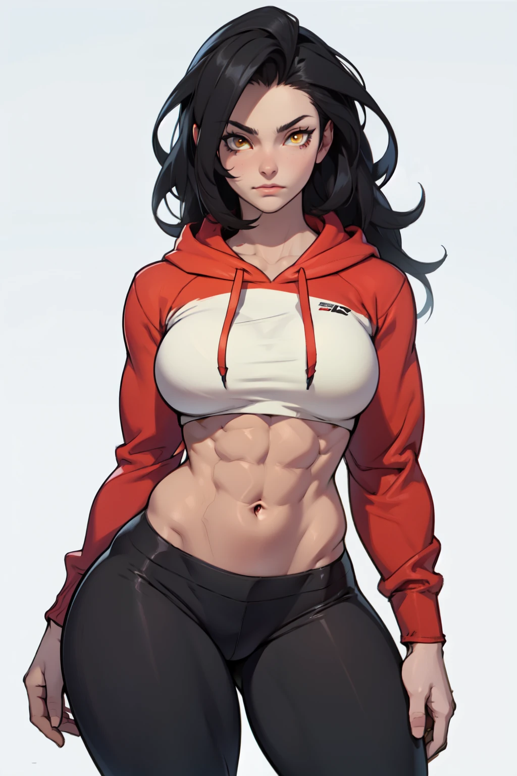 ((1girl bodybuilder)) pale skin black hair very long hair yellow eyes large breasts long hoodie sweatpants midriff close up
