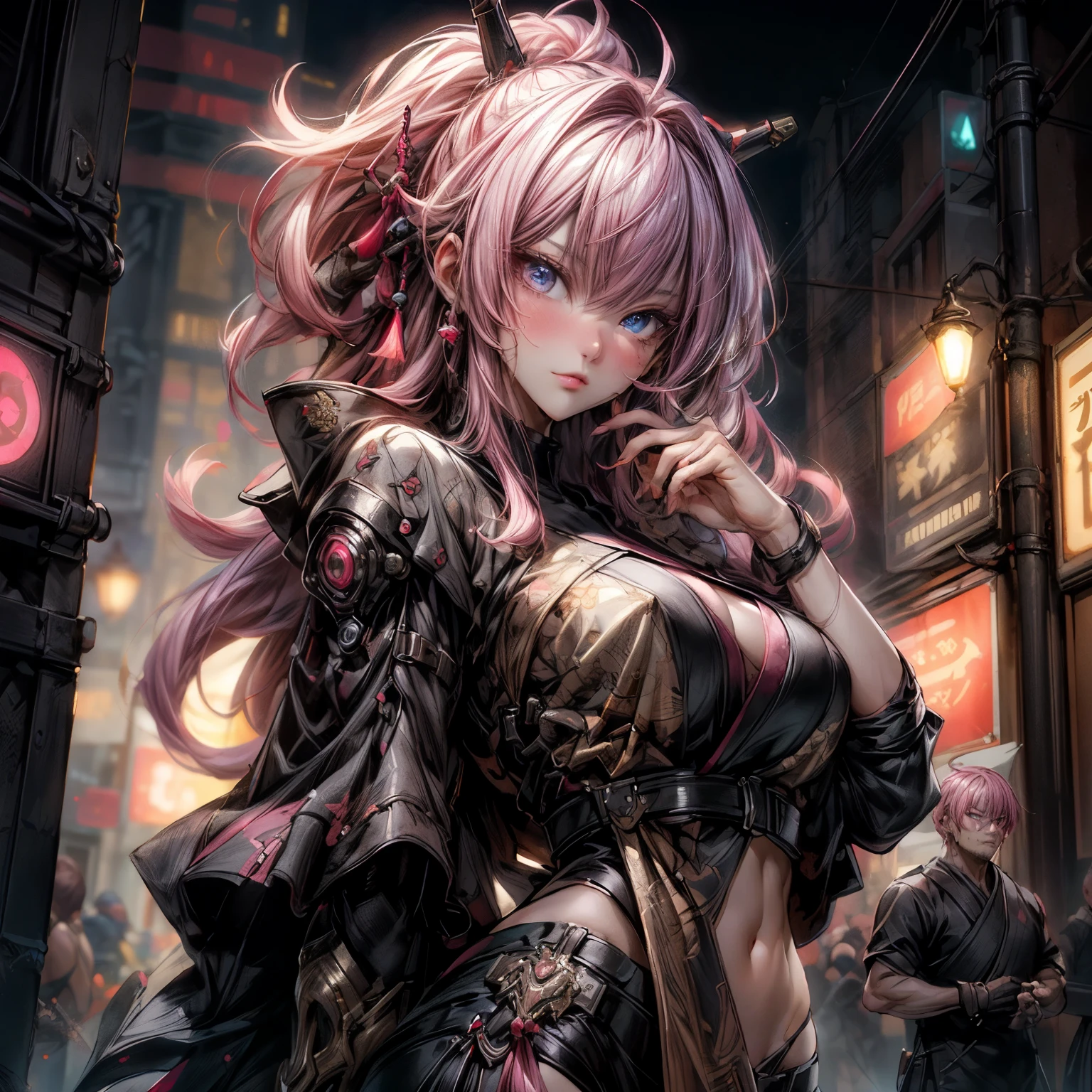 Shinsengumi Haori,1girl, solo, long hair, (Shinsengumi), twin tails, spicy , hot, sexy,hair buns, two tone hair, multicolored hair, pink hair, two colored hair, streaked hair, gold hair, gold eyes, bangs, makeup, black lipstick, mascara, eyeshadow, cross necklace, hair bow, lace gloves, fishnets, black leggings, dynamic angle, cyberpunk, city view, side lighting, shiny skin, detailed eyes, detailed face, water flowing, wind swept hair, glitter ,