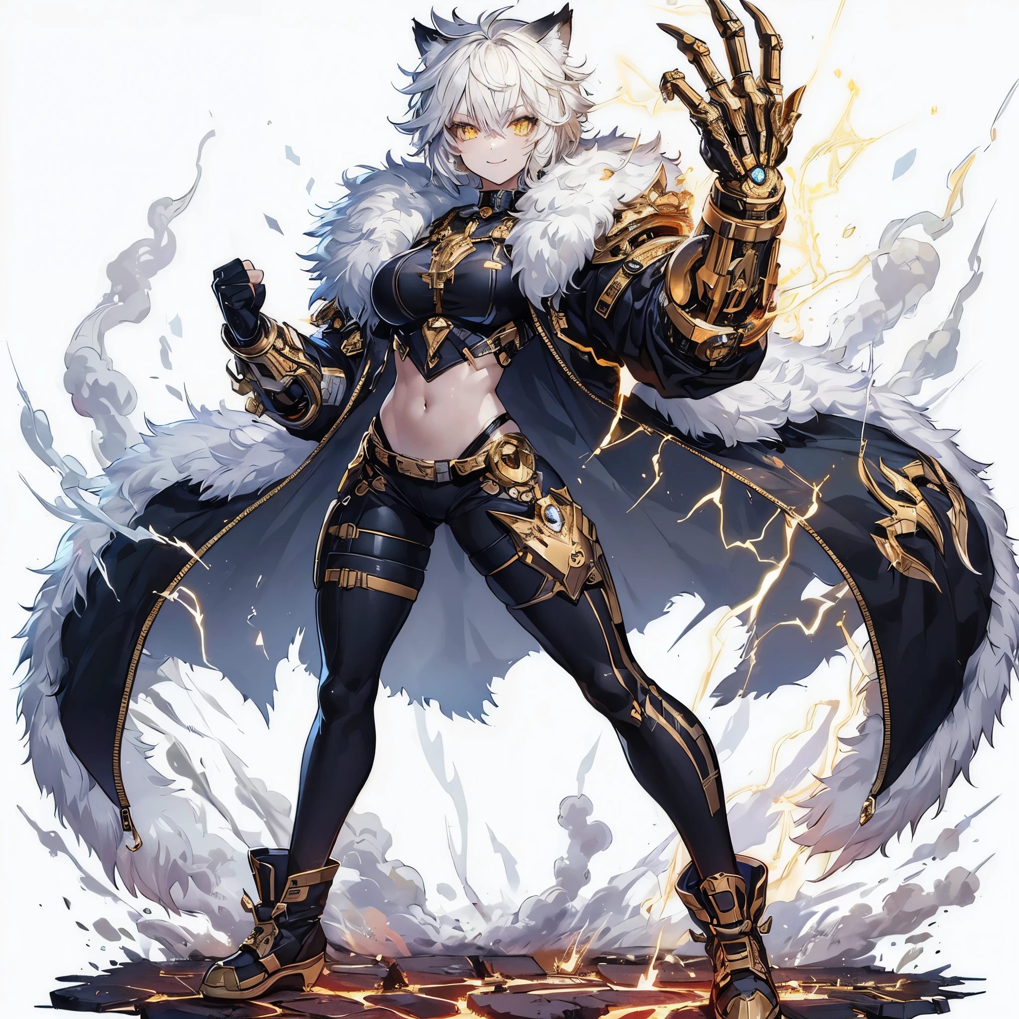 (masterpiece, Best Quality), (detailed hairs), Ultra-detailed, Anime like illustration style, Full body, Solo, cyberpunk gang lady, white-yellow mixed with pixie cut hair, gold eyes, right hand converted into a cybernetic claw called the talon of Horus. Left hand is a bare fist, black wrestler costume with gold trim, wolf fur coat, long boots, supernatural lightning, ultra-massive, tall and stylish, Muscular, White background, standing full length, standing on burned earth, winning smile.