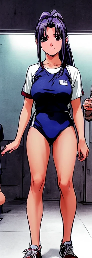 Momoko Koigakubo, a tall girl with beautiful legs, is standing with a smile on her face in a white gym uniform and navy blue bloomers that look like panties.。